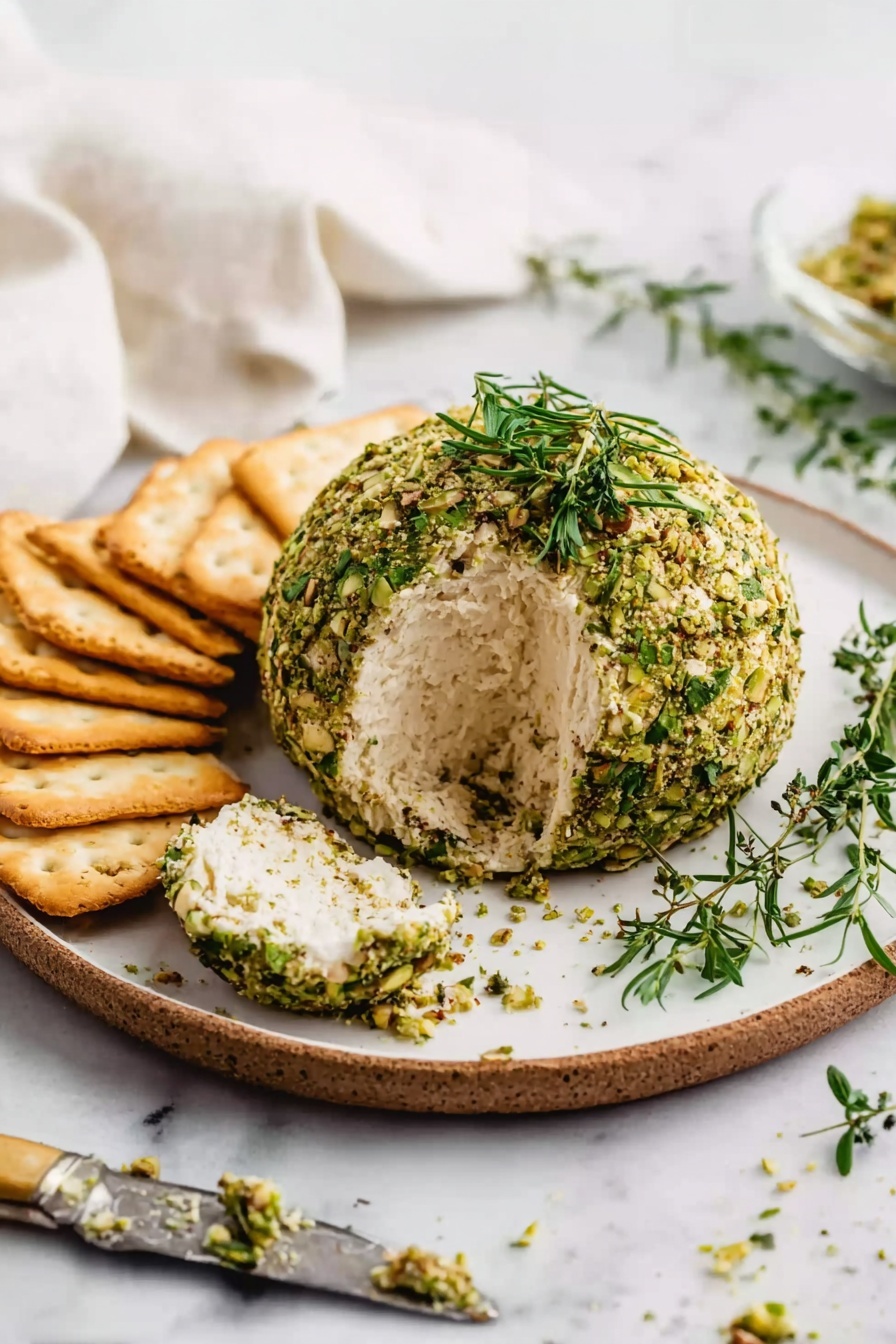 A round cheese ball covered in green crushed nuts and small green herb leaves sits in the center of a white plate with a brown edge, resting on a white marbled surface. The cheese ball is partially sliced open, showing a smooth, creamy white inside layer. Around the plate and cheese ball, there are sprigs of fresh green herbs and some crushed nut crumbs scattered on the surface. To the left, there are five square, golden-brown crackers lined up, with one cracker next to the plate holding a spread knife topped with soft white cheese mixed with bits of green herbs. The scene is light and bright, with a soft white cloth blurred in the background. Photo taken with an iphone --ar 2:3 --v 7 - Vegan Herb Cheese Ball, vegan cheese ball recipe, dairy-free appetizer, plant-based cheese ball, herbed vegan cheese dip