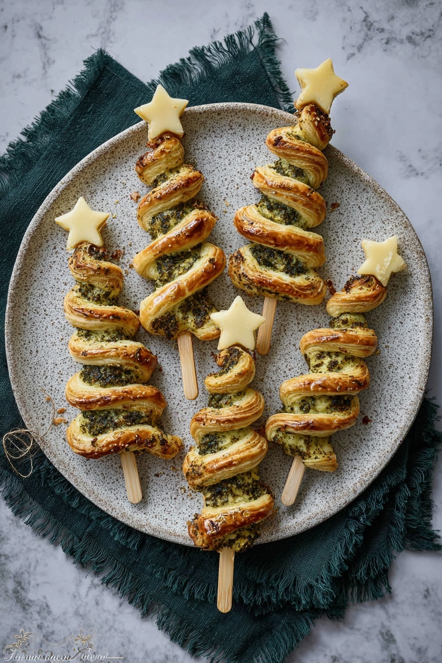 Two puff pastry sticks shaped like Christmas trees with a wavy, layered look and topped with small white star shapes on wooden skewers are placed inside a rustic bronze pitcher. The pastry layers are golden brown with green herb seasoning sprinkled on them. In the background, there is a white marbled texture surface with a white cloth and a dark tray holding more pastry trees blurred out. photo taken with an iphone --ar 2:3 --v 7 - Pesto Puff Pastry Christmas Trees, holiday appetizer recipes, festive puff pastry bites, Christmas party finger foods, easy holiday appetizers
