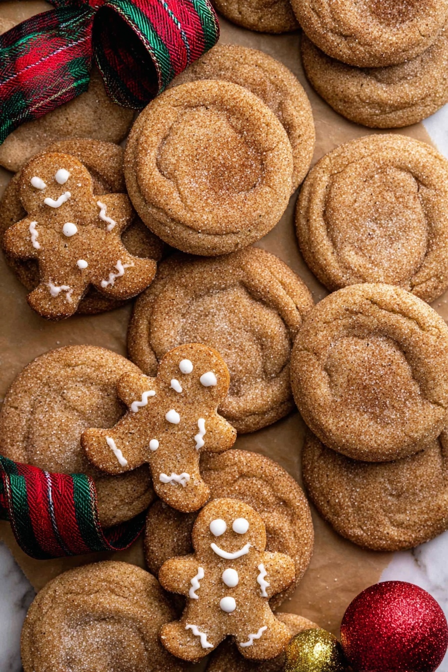 A stack of four round cinnamon cookies with a rough, slightly cracked surface covered in sugar crystals stands in the center of the image. The top cookie has a bite showing a soft, white creamy filling inside. Around the stack, there are more cookies with the same warm brown color and sugared texture. A green, red, and gold plaid ribbon runs diagonally across the bottom right corner, adding a festive touch. The background has a white marbled texture. Photo taken with an iphone --ar 2:3 --v 7 - Gingerbread Cheesecake Cookies, holiday cookie recipes, festive dessert ideas, gingerbread cookie variations, easy holiday baking