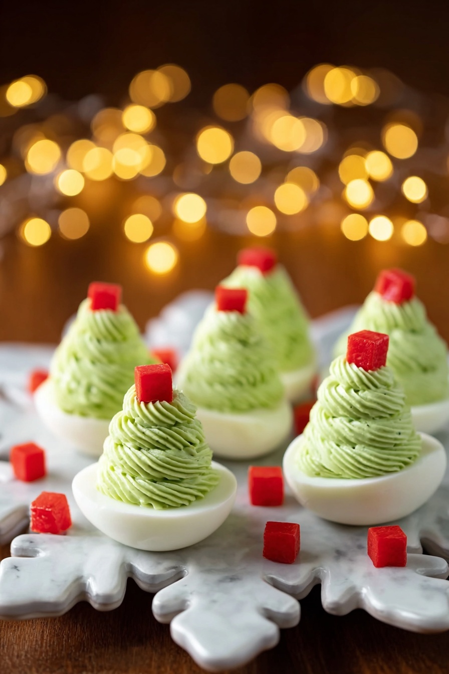 The image shows five white egg halves arranged on a white plate with a white marbled surface underneath. Each egg half is filled with a smooth, light green creamy swirl that forms a tall, textured peak rising from the egg white base. On top of each green swirl, small bright red diced pieces are scattered, adding a pop of color and contrast. A woman's hand is gently placing the red dices on one of the green peaks, adding a final touch. The overall look is clean, fresh, and colorful, with a focus on the layered textures of the white egg, green swirl, and red topping. photo taken with an iphone --ar 2:3 --v 7 - Christmas Tree Deviled Eggs, festive deviled eggs, holiday appetizer ideas, Christmas party recipes, easy holiday snacks