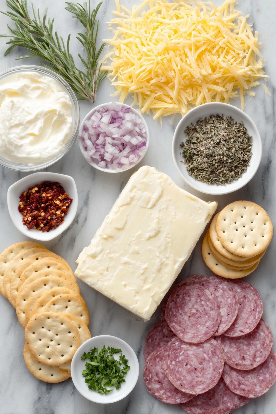 Flat lay of a block of fresh cream cheese, a small white bowl of sour cream, a small white bowl with mixed dried Italian herbs including thyme, oregano, basil, and rosemary, a small white bowl of garlic powder, a small white bowl of salt, a small white bowl of red pepper flakes, a pile of freshly grated cheddar cheese strands, a small heap of finely chopped roasted red peppers, finely chopped hot salami slices, a small mound of chopped green olives, thinly sliced green onion stalks, a small white bowl holding sun dried tomato strips with oil, a small heap of chopped fresh parsley, fresh rosemary sprigs arranged for decoration, and a neat stack of round Jatz-style crackers, all placed on a clean white marble surface, soft natural light, photo taken with an iPhone, professional food photography style, fresh ingredients, white ceramic bowls, no bottles, no duplicates, no utensils, no packaging --ar 2:3 --v 7 --p m7354615311229779997 - Italian Cheese Loaf Appetizer, cheese loaf appetizer, savory Italian cheese dish, herby cheese appetizer, festive cheese appetizer