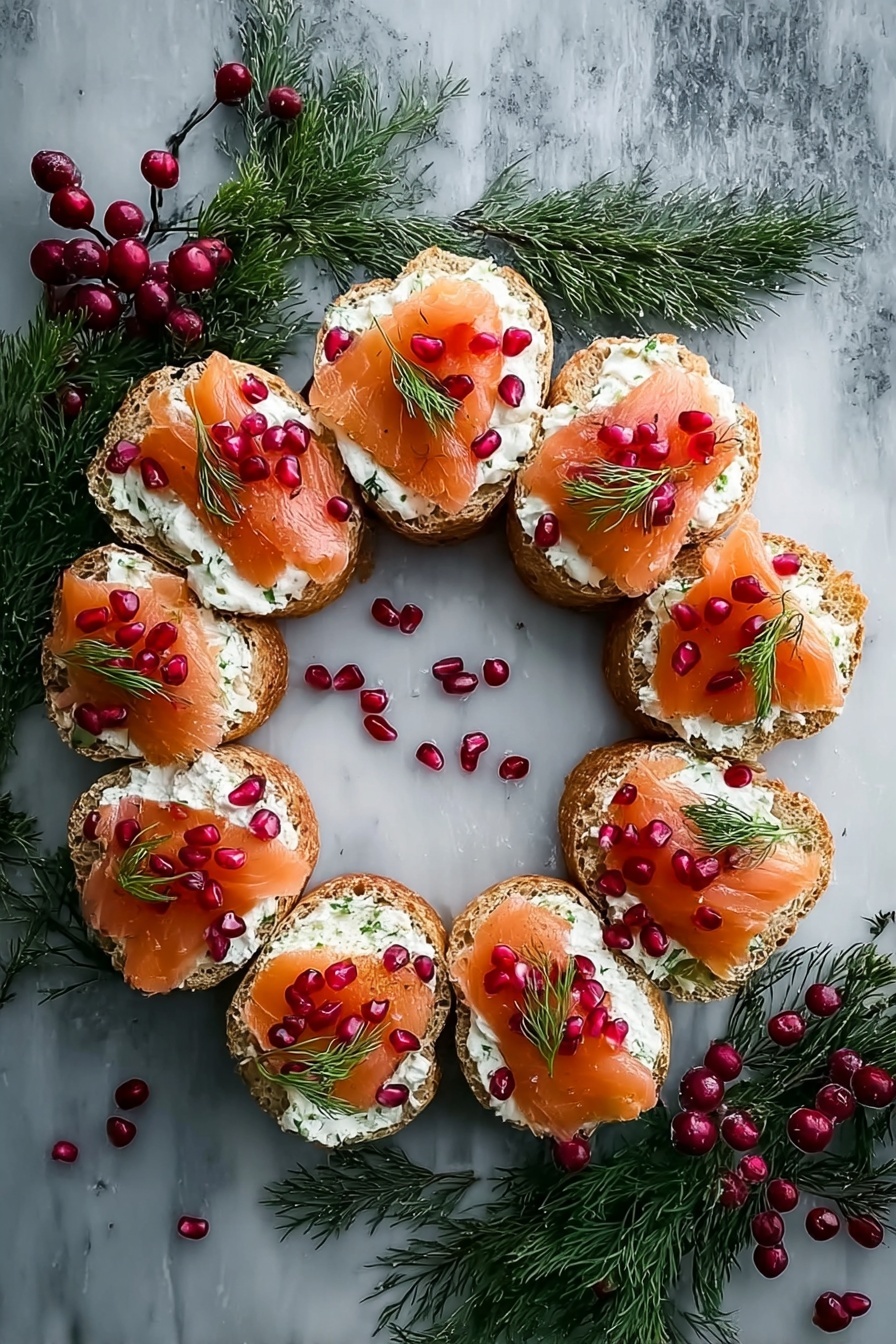 A round wreath made of 12 pieces of white bread arranged in a circle, each topped with a creamy white spread, a pinkish-orange slice of smoked salmon folded soft, small red pomegranate seeds scattered on top, and a small green dill sprig placed beside the salmon. The wreath sits on a white marbled surface with some scattered green pine sprigs and red berries around it, creating a festive look. photo taken with an iphone --ar 2:3 --v 7 - Smoked Salmon Bruschetta Wreath, smoked salmon appetizer, holiday appetizer ideas, festive bruschetta recipe, easy party appetizer