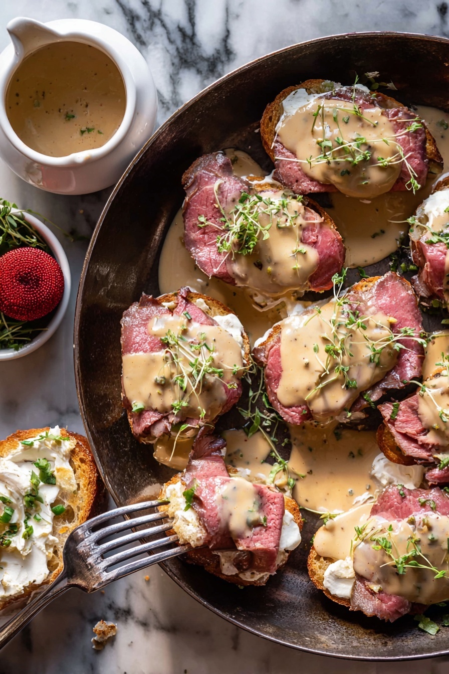 Several small sandwiches are arranged on a round metal pan with a dark handle, set on a white marbled surface. Each sandwich has three layers: a base of golden toasted bread, a middle layer of creamy white spread, and a thick slice of medium-rare cooked meat with a pink center and brown edges. On top, a light brown creamy sauce is drizzled unevenly, garnished with small green herb leaves. To the side, there is a small white bowl filled with coarse salt, a red shiny Christmas ornament, and more green herbs. The lighting is warm and natural, highlighting the textures of the meat and sauce. Photo taken with an iphone --ar 2:3 --v 7 - Beef Tenderloin Crostini with Parmesan Wine Sauce, elegant beef appetizers, easy gourmet hors d'oeuvres, savory cheese canapés, impressive party starters