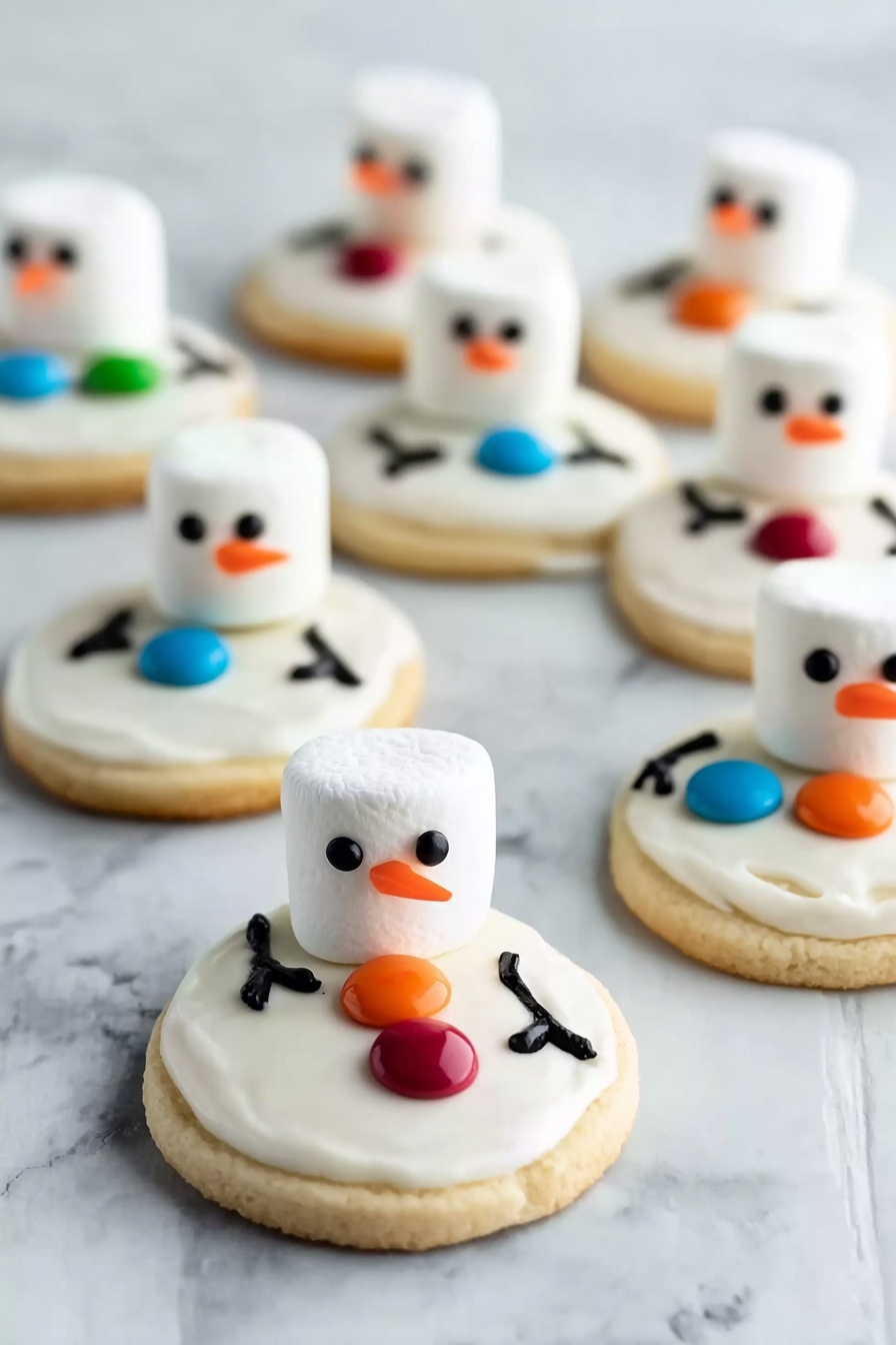 The image shows several round sugar cookies decorated like snowmen, placed on a white marbled surface. Each cookie has one layer of smooth white icing covering the top. On top of that icing, a white marshmallow is placed vertically as the snowman’s head. Two small black dots form the eyes on each marshmallow, and a tiny orange tip represents the nose. The snowmen have two large colorful candy buttons on their bodies, with colors including red, orange, blue, and green. Simple black lines drawn with icing create stick-like arms on each side of the body. The cookies are scattered in a soft-focus arrangement, with some closer to the camera and others blurred further back, creating a cozy winter feeling. Photo taken with an iphone --ar 2:3 --v 7 - Snowman Cookies with Royal Icing, winter holiday cookies, how to make snowman cookies, cute holiday cookie ideas, snowman cookie decorating tips