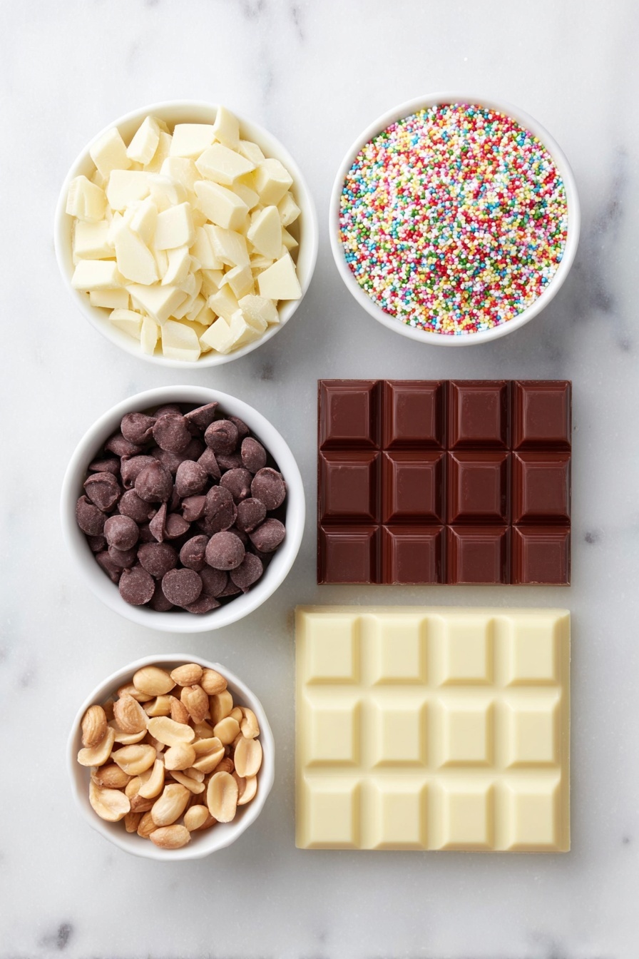 Flat lay of a small pile of broken white almond bark squares, a handful of glossy dark semisweet chocolate chips, chunks of German sweet chocolate bar, a small mound of dry roasted peanuts, and a small white ceramic bowl filled with colorful holiday sprinkles, all arranged symmetrically with perfect proportions on a clean white marble surface, soft natural light, photo taken with an iPhone, professional food photography style, fresh ingredients, white ceramic bowls, no bottles, no duplicates, no utensils, no packaging --ar 2:3 --v 7 --p m7354615311229779997 - Easy Christmas Crockpot Candy, Christmas crockpot candy, holiday crockpot treats, festive slow cooker candy, easy holiday candy