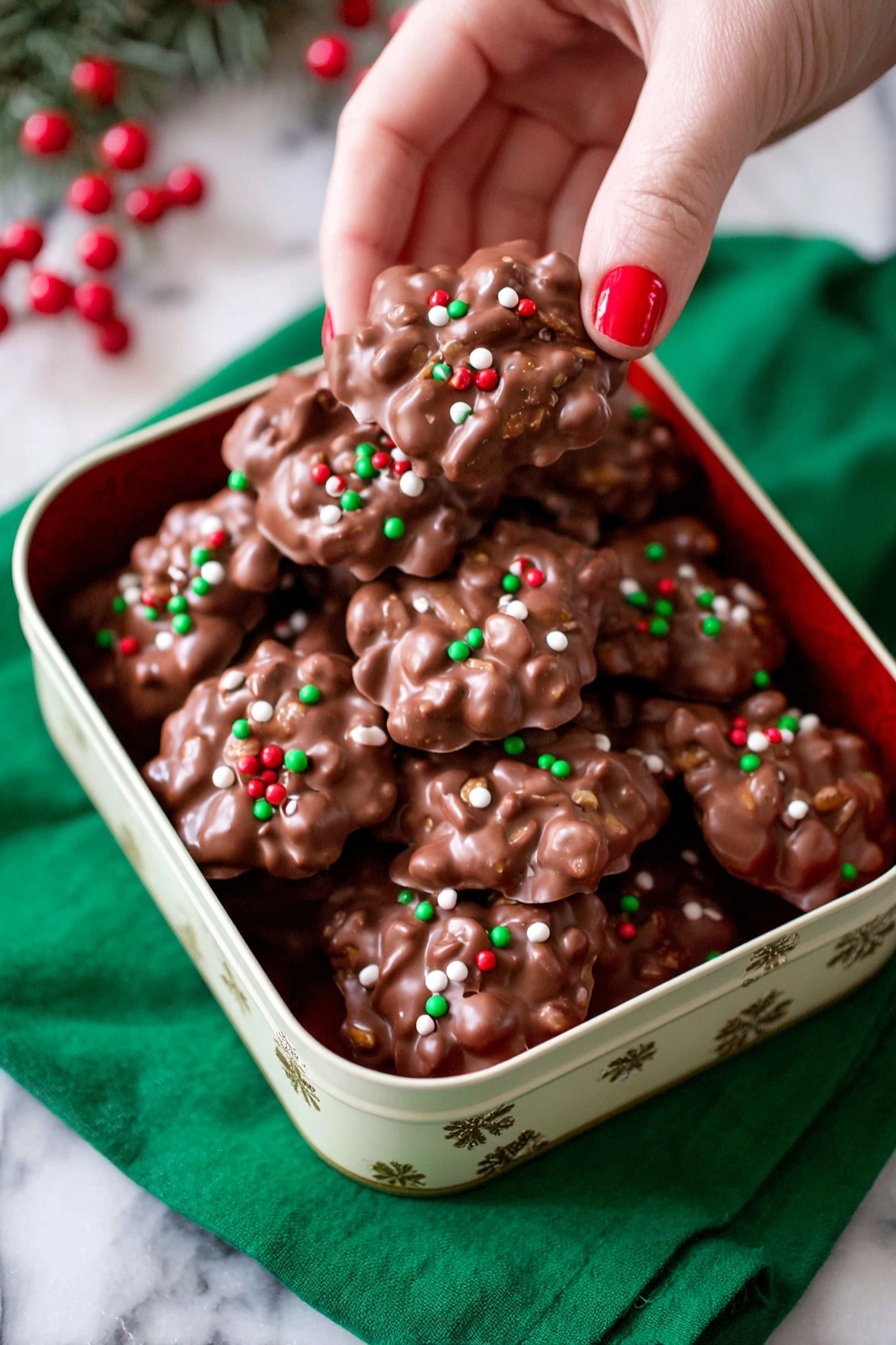 The image shows a white tin box filled with chocolate clusters, each cluster made of milk chocolate with small red, green, and white round sprinkles scattered on top. The clusters have a rough texture with irregular shapes, showing lumps beneath the chocolate coating that suggest nuts or cereal inside. A woman's hand with red nail polish is holding one of the clusters from the top right side of the box. The box sits on a green cloth and the background is a white marbled surface. Photo taken with an iphone --ar 2:3 --v 7 - Easy Christmas Crockpot Candy, Christmas crockpot candy, holiday crockpot treats, festive slow cooker candy, easy holiday candy