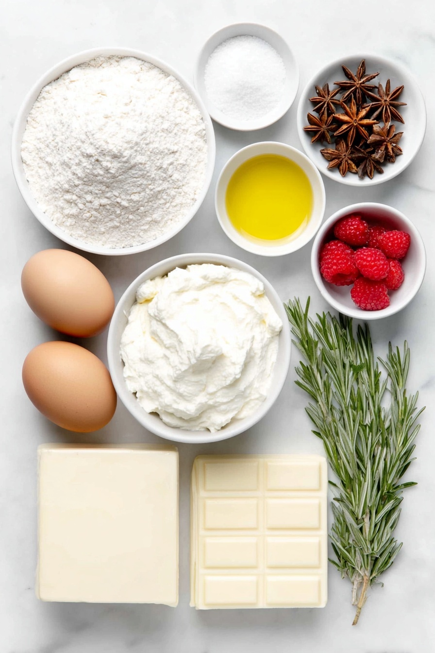 Flat lay of a small mound of fine all-purpose flour, a teaspoon of baking powder and a pinch of salt neatly arranged side by side; four whole uncracked brown eggs; a small pile of white granulated sugar; a small white bowl filled with clear golden vegetable oil; a tiny white bowl of pure vanilla extract; fresh bright red raspberries scattered loosely; a small white bowl of lemon juice with a pale yellow tint; a smooth block of creamy white cream cheese; a small heap of powdered sugar; a small white bowl of chilled whipping cream, thick and white; a slab of glossy white chocolate; a few sprigs of fresh green rosemary; several star anise pods; a delicate dusting of powdered sugar artistically settled on the white ceramic bowls and ingredients, all arranged with perfect symmetry on a clean white marble surface, soft natural light, photo taken with an iPhone, professional food photography style, fresh ingredients, white ceramic bowls, no bottles, no duplicates, no utensils, no packaging --ar 2:3 --v 7 --p m7354615311229779997 - Raspberry Cake Roll with Cream Cheese Filling, raspberry sponge cake, raspberry roll cake, cream cheese filling dessert, raspberry Swiss roll