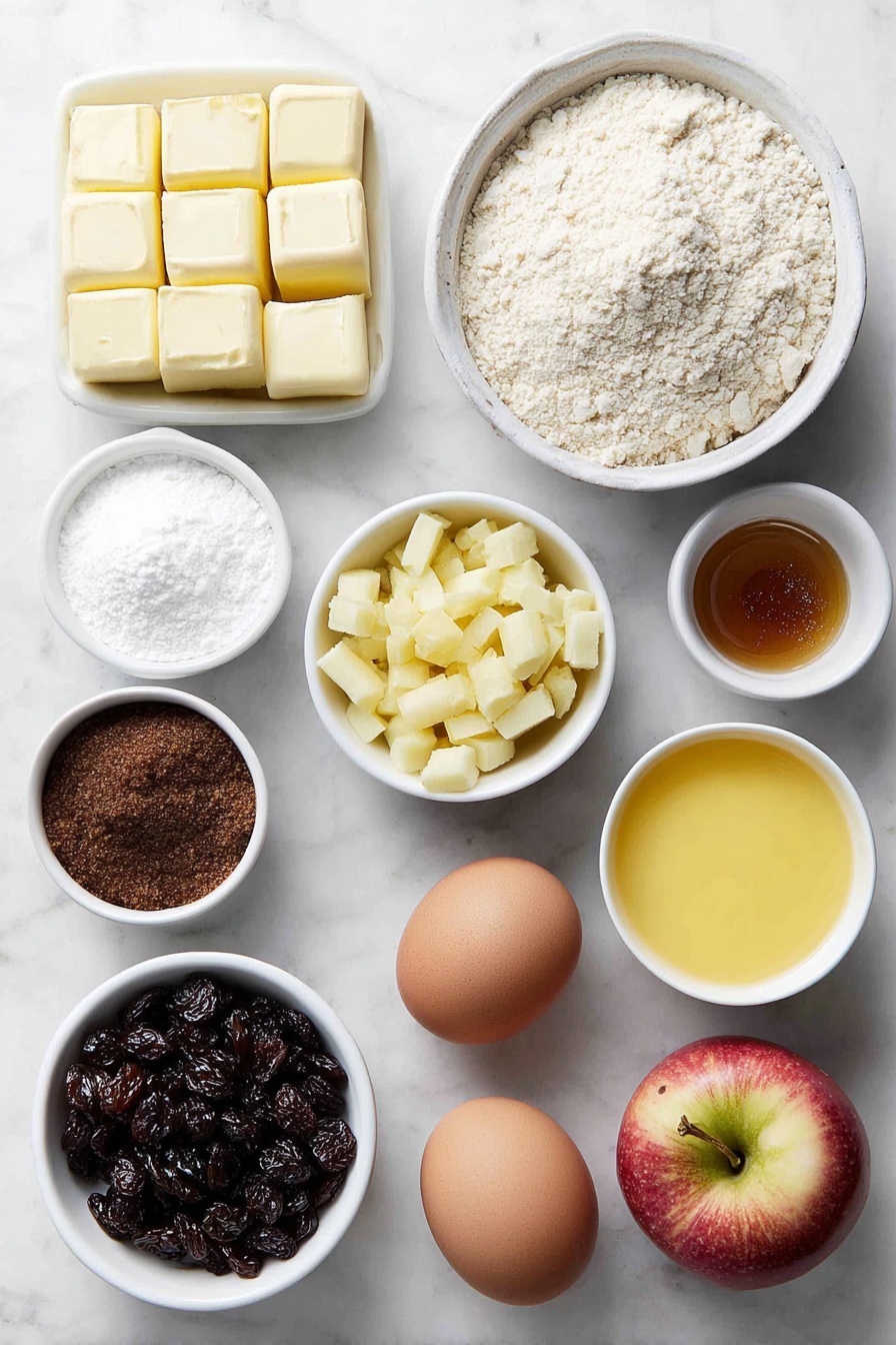 Flat lay of a few irregular golden chunks of salted butter, a small heaped mound of dark brown sugar, a small white ceramic bowl with all purpose flour, a small white ceramic bowl with pale breadcrumbs, two whole clean brown eggs, a small white ceramic bowl with dark mixed spice powder, a small white ceramic bowl with golden sultanas, a small white ceramic bowl with dark raisins, a small white ceramic bowl with tiny Zante currants, a small peeled and cored grated apple, a few thin strips of fresh orange rind, a small white ceramic bowl with bright orange juice mixed with brandy, a small white ceramic bowl with chopped colorful mixed candied peel placed symmetrically on a clean white marble surface, soft natural light, photo taken with an iPhone, professional food photography style, fresh ingredients, white ceramic bowls, no bottles, no duplicates, no utensils, no packaging --ar 2:3 --v 7 --p m7354615311229779997 - British Christmas Pudding, Traditional Christmas Pudding, Festive Holiday Dessert, Homemade Christmas Pudding, Classic British Pudding
