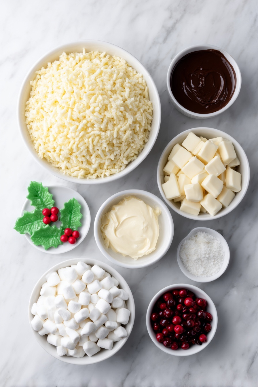Flat lay of a large white ceramic bowl filled with golden Rice Krispies cereal, a small white bowl with smooth, melted milk chocolate, a small white bowl with melted unsalted butter, a small white bowl overflowing with soft white mini marshmallows, a small white bowl holding silky white melted white chocolate, small pale green sugarpaste holly leaves shapes arranged neatly, tiny bright red sugarpaste berries grouped in a small pile, and two small white bowls each containing vibrant green and rich red food colouring gels, all placed on a clean white marble surface, soft natural light, photo taken with an iPhone, professional food photography style, fresh ingredients, white ceramic bowls, no bottles, no duplicates, no utensils, no packaging --ar 2:3 --v 7 --p m7354615311229779997 - Festive Chocolate Rice Krispie Puddings, Christmas Rice Krispie treats, holiday dessert ideas, easy festive dessert recipes, kid-friendly Christmas treats