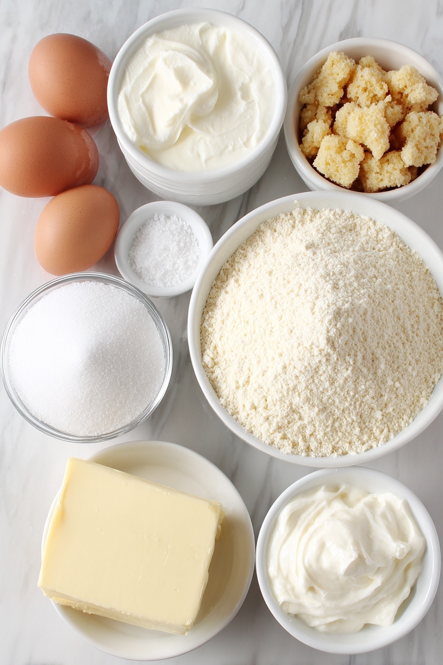 Flat lay of a small mound of finely ground blanched almond flour, a small bowl of powdered sugar, three large whole uncracked brown eggs, a small white bowl of granulated sugar, a small white bowl of cream of tartar powder, a small white bowl with a dab of vibrant green gel food coloring, a small slab of unsalted butter softened, a small white bowl of powdered sugar for filling, a small white bowl of heavy cream, a small pile of finely crumbled snack cake pieces, a small white bowl of vanilla extract, and a small pinch of salt placed neatly in a simple white ceramic bowl, all arranged symmetrically on a clean white marble surface, soft natural light, photo taken with an iPhone, professional food photography style, fresh ingredients, white ceramic bowls, no bottles, no duplicates, no utensils, no packaging --ar 2:3 --v 7 --p m7354615311229779997 - Christmas Tree Macarons, festive holiday macarons, Christmas dessert recipe, holiday baking ideas, easy macarons for Christmas