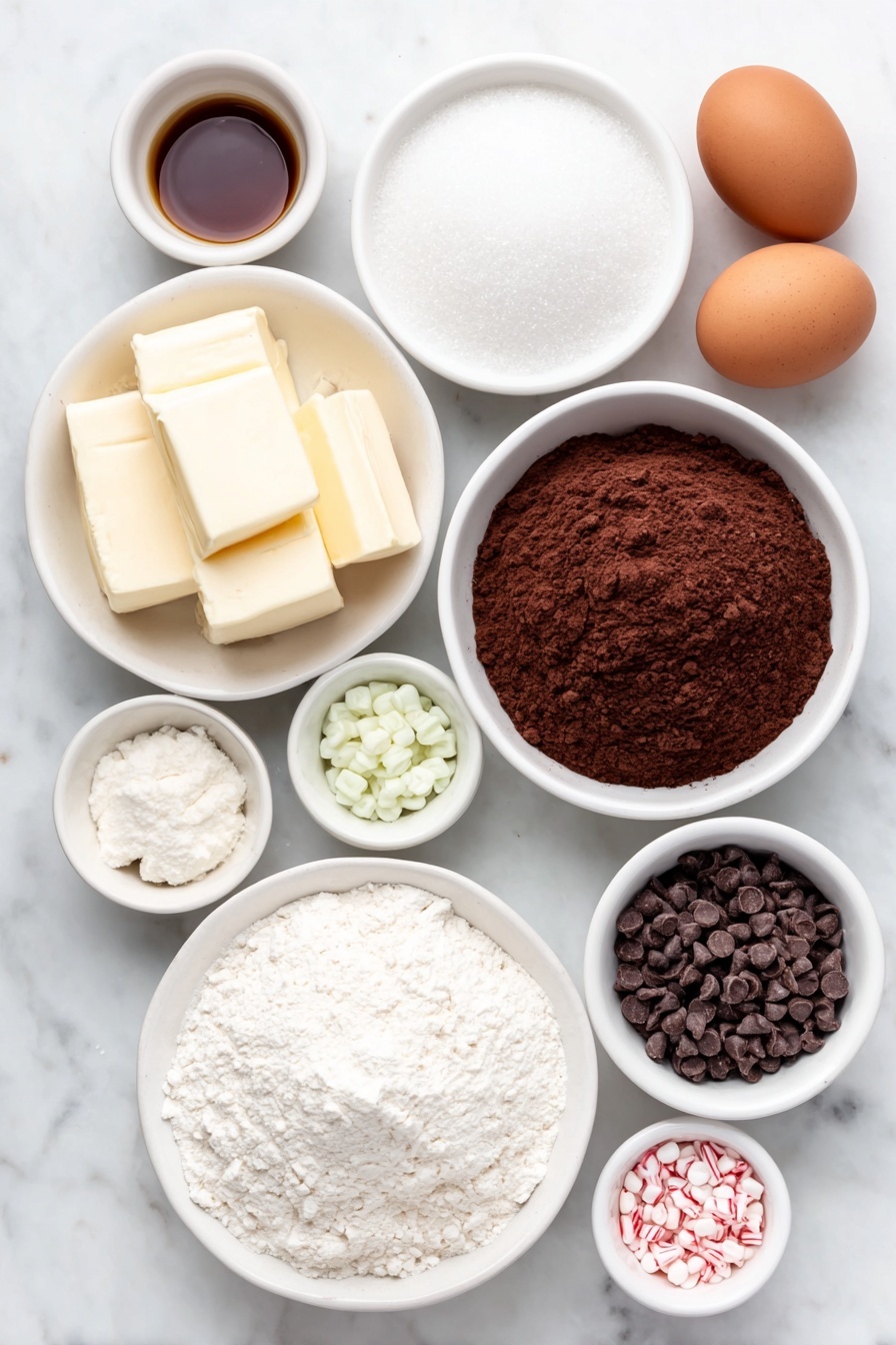 Flat lay of a small white ceramic bowl filled with unsalted butter sticks, a simple white ceramic bowl of granulated sugar, four whole uncracked brown eggs, a small white ceramic bowl with vanilla extract, a white ceramic bowl holding all-purpose flour, another white ceramic bowl with unsweetened cocoa powder, a tiny white ceramic bowl containing baking powder, a tiny white ceramic bowl with salt, a white ceramic bowl of semi-sweet chocolate chips, three small white ceramic bowls each with red, green, and white melted candy, and a few mini candy bows and festive sprinkles arranged neatly, all placed on a clean white marble surface, soft natural light, photo taken with an iPhone, professional food photography style, fresh ingredients, white ceramic bowls, no bottles, no duplicates, no utensils, no packaging --ar 2:3 --v 7 --p m7354615311229779997 - Festive Chocolate Brownie Gift Squares, holiday brownie gifts, chocolate brownie treats, holiday dessert ideas, edible gift recipes