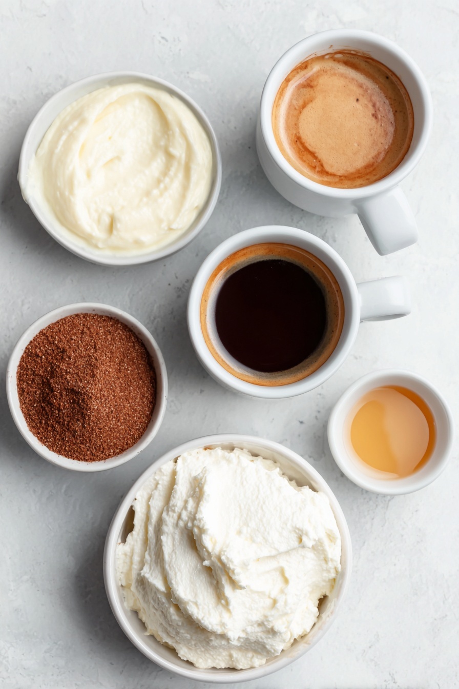 Flat lay of two freshly brewed espresso shots in a simple white ceramic cup, a small white bowl filled with creamy eggnog, a small white bowl of smooth milk, a small white bowl holding golden vanilla simple syrup, a dollop of fluffy whipped cream on a white ceramic plate, and a small white bowl containing warm brown ground nutmeg powder, all ingredients fresh and natural, arranged in perfect symmetry, placed on a clean white marble surface, soft natural light, photo taken with an iPhone, professional food photography style, fresh ingredients, white ceramic bowls, no bottles, no duplicates, no utensils, no packaging --ar 2:3 --v 7 --p m7354615311229779997 - Eggnog Latte Vanilla Simple Syrup, Eggnog Latte with Vanilla Simple Syrup, Easy Eggnog Latte Recipe, Cozy Eggnog Coffee Drink, Holiday Eggnog Latte