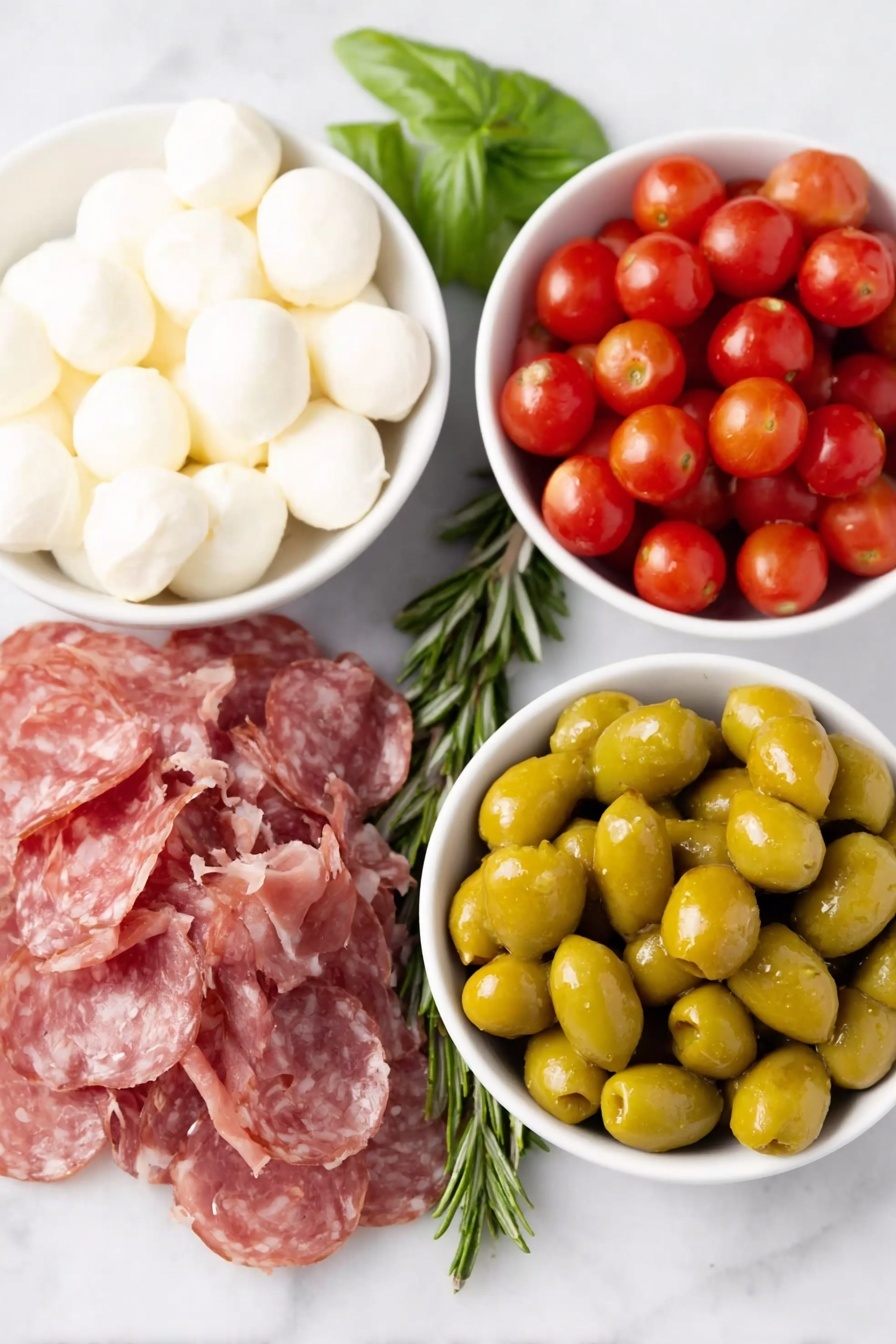 Flat lay of fresh white mozzarella balls, bright green basil leaves, a handful of glossy red cherry tomatoes, thin slices of spicy Genoa salami, delicate folds of prosciutto salami, tender artichoke hearts, vibrant green Castelvetrano olives, deep purple Kalamata olives, and small pale yellow pepperoncini peppers, with a few sprigs of fresh rosemary arranged symmetrically in simple white ceramic bowls and scattered naturally, placed on a clean white marble surface, soft natural light, photo taken with an iPhone, professional food photography style, fresh ingredients, white ceramic bowls, no bottles, no duplicates, no utensils, no packaging --ar 2:3 --v 7 --p m7354615311229779997 - Antipasto Wreath, antipasto appetizer, savory snack, party appetizer, veggie and cheese platter