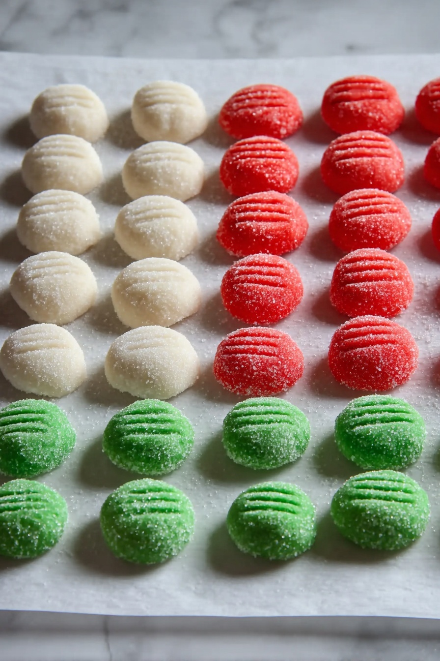 The image shows three rows of round, sugar-coated dough pieces placed neatly on white parchment paper over a white marbled surface. The first row has seven white rounds, the second row has eight red rounds, and the third row has seven green rounds. Each dough piece has small parallel line marks made with a utensil on the top. The sugar granules on the dough give a slightly rough texture, and the dough pieces look soft and fresh. photo taken with an iphone --ar 2:3 --v 7 - Christmas Peppermint Patties, festive peppermint candies, easy peppermint treats, peppermint holiday desserts, homemade Christmas peppermint candies