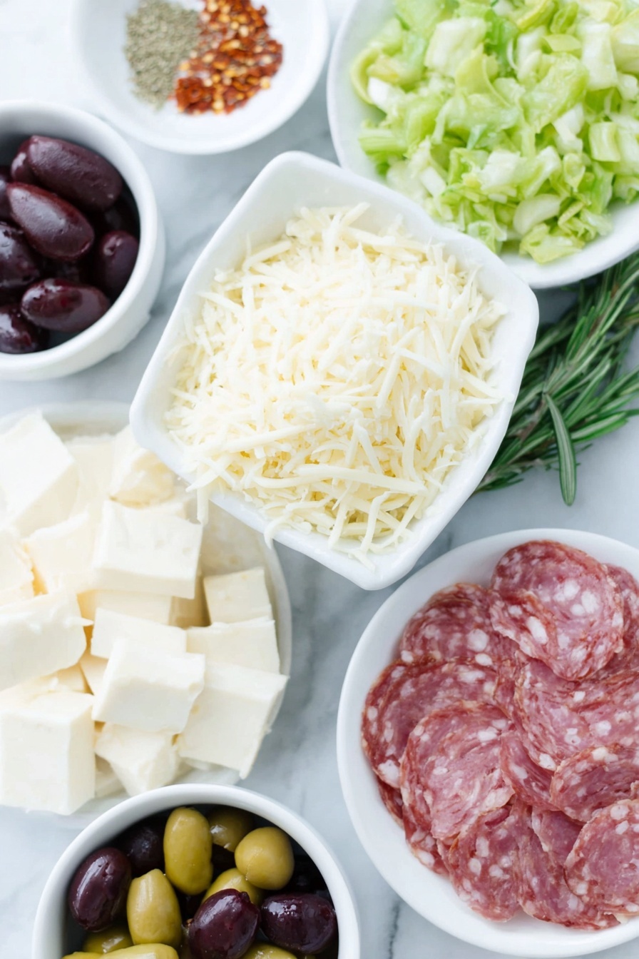 Flat lay of finely shredded provolone cheese, finely shredded parmesan cheese, chopped bright green pepperoncini, chopped blanched almonds, finely chopped slices of salami, finely chopped marinated artichoke hearts, two whole unpeeled garlic cloves, a small white bowl of mixed Italian seasoning, a small white bowl of kosher salt, a small white bowl of crushed red pepper flakes, four blocks of cream cheese with clean uncracked surfaces, halved pitted green Cerignola olives, halved marinated Kalamata olives, halved pitted black Cerignola olives, chunky pieces of roasted red peppers, a few fresh rosemary sprigs, a half-inch-thick slice of fresh mozzarella, arranged symmetrically on simple white ceramic bowls and plates, placed on a clean white marble surface, soft natural light, photo taken with an iPhone, professional food photography style, fresh ingredients, white ceramic bowls, no bottles, no duplicates, no utensils, no packaging --ar 2:3 --v 7 --p m7354615311229779997 - Antipasto Cheese Ball Christmas Tree, festive cheese ball appetizer, holiday cheese ball ideas, Christmas appetizer recipes, creative holiday appetizers