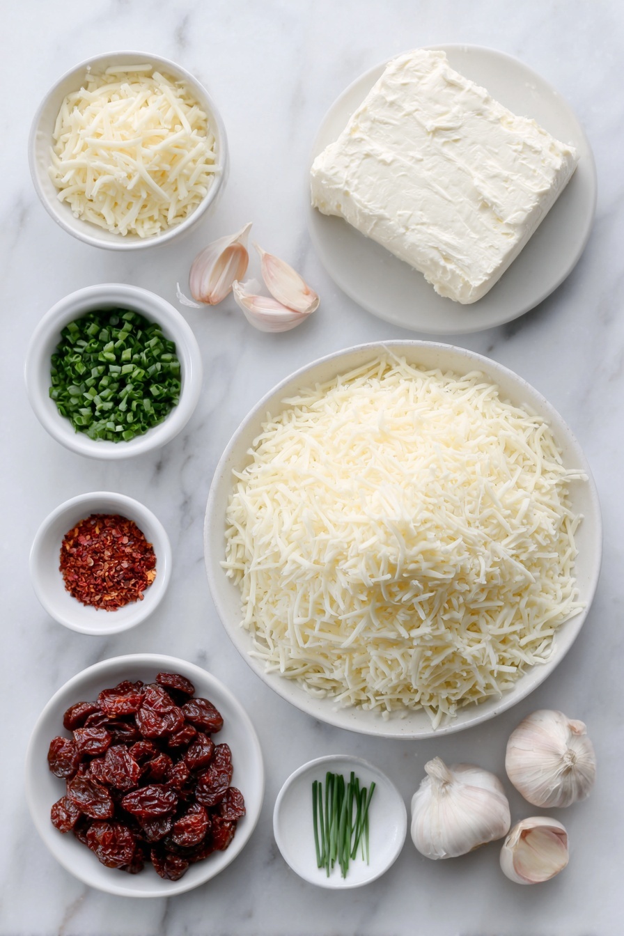 Flat lay of a small block of soft cream cheese, a small pile of shredded gouda cheese, a handful of chopped fresh chives, a small white bowl with chopped oil-packed sun dried tomatoes, a small white bowl of garlic powder, a mound of finely shredded mozzarella cheese, nine whole whole cloves, four plump raisins, two salty whole pretzel sticks, and a single fresh baby carrot halved lengthwise—all ingredients arranged in perfect symmetry on simple white ceramic bowls and plates placed on a clean white marble surface, soft natural light, photo taken with an iPhone, professional food photography style, fresh ingredients, white ceramic bowls, no bottles, no duplicates, no utensils, no packaging --ar 2:3 --v 7 --p m7354615311229779997 - Snowman Cheeseball, festive cheeseball appetizer, holiday cheese ball recipe, cute Christmas cheese ball, easy party snack