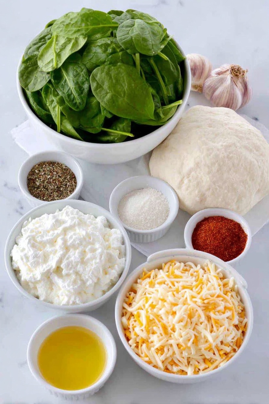 Flat lay of a small mound of bright green fresh spinach leaves, a soft white ceramic bowl with creamy white softened cream cheese, two whole uncracked brown garlic cloves, a small white ceramic bowl filled with mixed dried Italian herbs, another small white bowl with fine sea salt crystals, a small white bowl containing pale beige onion powder, a tiny white bowl with reddish-orange cayenne pepper powder, a small white bowl with coarse black peppercorns, a simple white ceramic bowl heaped with shredded orange cheddar and white mozzarella cheese blend, another small white bowl with finely grated pale yellow parmesan cheese, a smooth round ball of pale beige refrigerated pizza dough sitting on white parchment paper, a small white bowl holding melted golden butter, all arranged symmetrically with perfect proportions and balance, placed on a clean white marble surface, soft natural light, photo taken with an iPhone, professional food photography style, fresh ingredients, white ceramic bowls, no bottles, no duplicates, no utensils, no packaging --ar 2:3 --v 7 --p m7354615311229779997 - Christmas Spinach Dip Tree, festive spinach dip appetizer, holiday party spinach dip, cheesy spinach dip Christmas, Christmas appetizer ideas