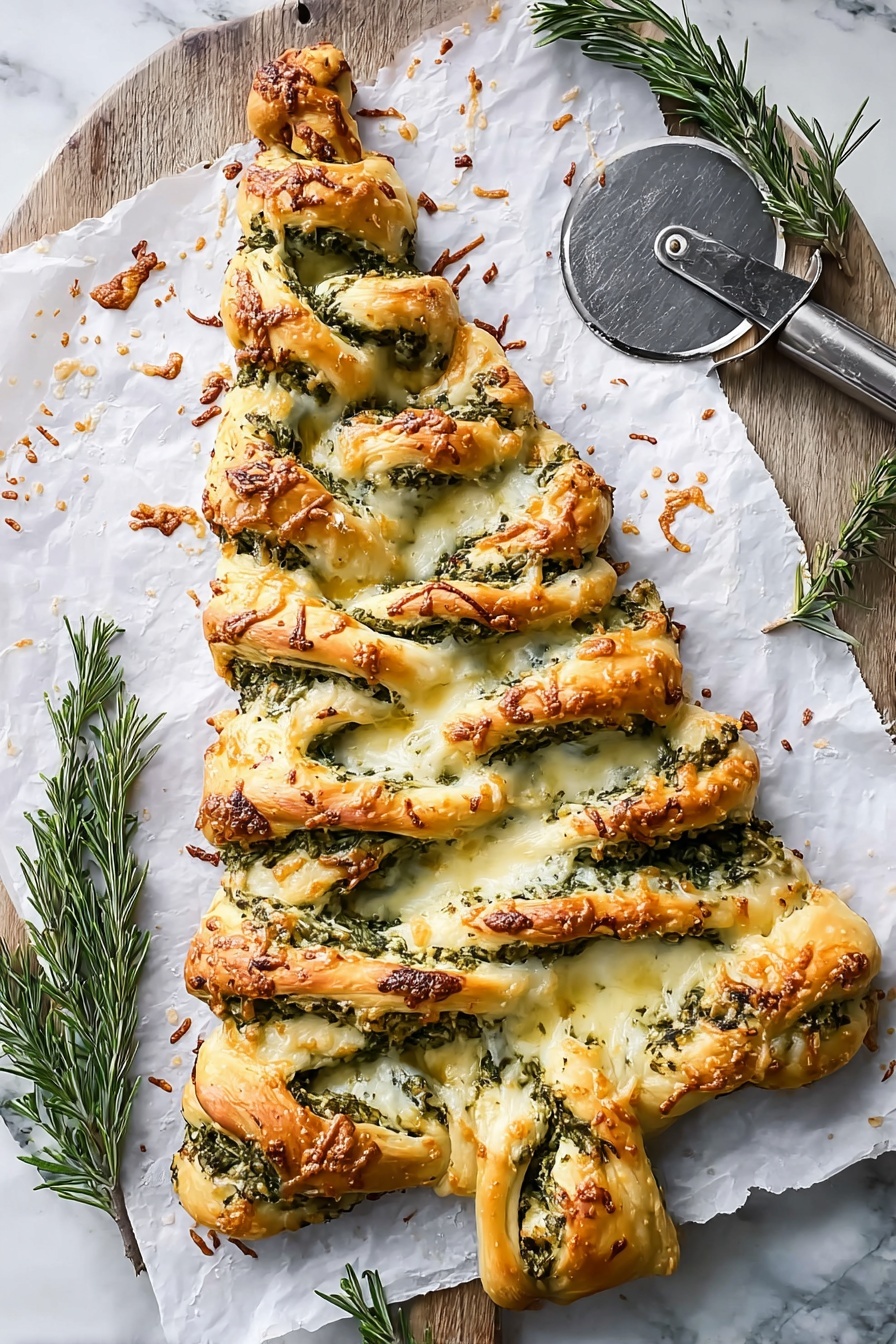 The image shows a Christmas tree-shaped bread with twisted layers of dough and green herb filling. The bread has three main sections: the broad base, the middle that narrows, and the top forming a pointed tip. Each side of the tree has multiple twisted sections where the dough reveals the green herb filling inside, giving a textured and layered look. The dough is golden brown on the edges with melted cheese and sprinkled herbs on top, creating a mix of creamy white, golden, and green colors. The bread sits on white baking paper, with a metal pizza cutter on the top right and a white marbled surface beneath. Sprigs of fresh rosemary are placed around the bread. Photo taken with an iphone --ar 2:3 --v 7 - Christmas Spinach Dip Tree, festive spinach dip appetizer, holiday party spinach dip, cheesy spinach dip Christmas, Christmas appetizer ideas
