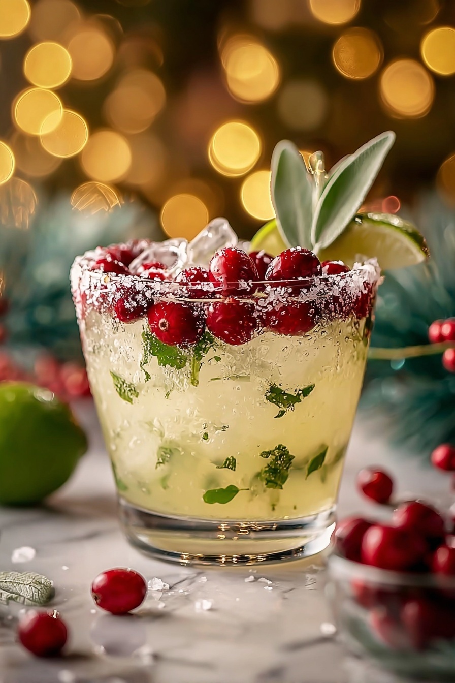 A clear glass coupe filled with a pale lime-yellow drink with small green herb leaves throughout and topped with ice. Around the rim, bright red cranberries are lined up inside a ring of coarse salt and chopped green herbs. On top, more cranberries rest beside a slice of lime and fresh sage leaves, giving a festive look. The background shows soft golden bokeh lights and blurred green holiday decorations on a white marbled surface. photo taken with an iphone --ar 2:3 --v 7 - Mistletoe Margarita with Cranberry and Lime, festive margarita drink, holiday cocktail recipe, Christmas margarita, cranberry lime cocktail