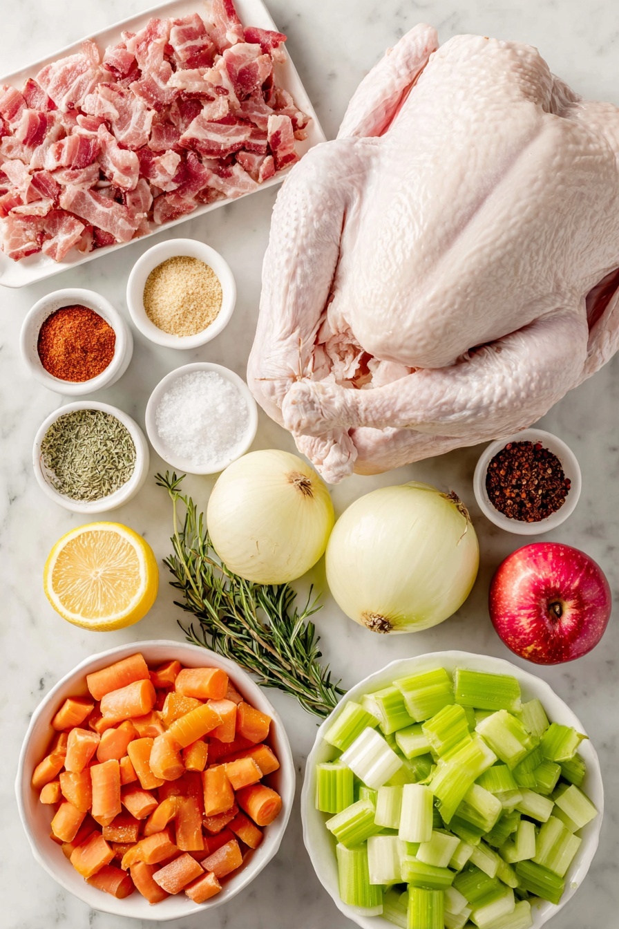 Flat lay of a whole fresh raw turkey with smooth skin, a small mound of roughly chopped pink bacon strips, a small white ceramic bowl filled with coarse kosher salt and another with light brown sugar crystals, a small white ceramic bowl holding a vibrant smoked paprika powder, a small white ceramic bowl with freshly ground black pepper, a small white ceramic bowl containing pale beige onion powder, a small white ceramic bowl of fine garlic powder, and a small white ceramic bowl with bright red cayenne pepper; fresh celery ribs chopped into large green stalks, bright orange roughly chopped carrots, two peeled white onions quartered, two crisp red and green apples quartered, one lemon halved exposing its juicy yellow interior, and fresh aromatic sprigs of rosemary and thyme arranged symmetrically around the ingredients; all elements neatly spaced and balanced, placed on a clean white marble surface, soft natural light, photo taken with an iPhone, professional food photography style, fresh ingredients, white ceramic bowls, no bottles, no duplicates, no utensils, no packaging --ar 2:3 --v 7 --p m7354615311229779997 - Bacon Roasted Thanksgiving Turkey, Thanksgiving turkey recipe, bacon-wrapped turkey, holiday turkey ideas, festive turkey recipes