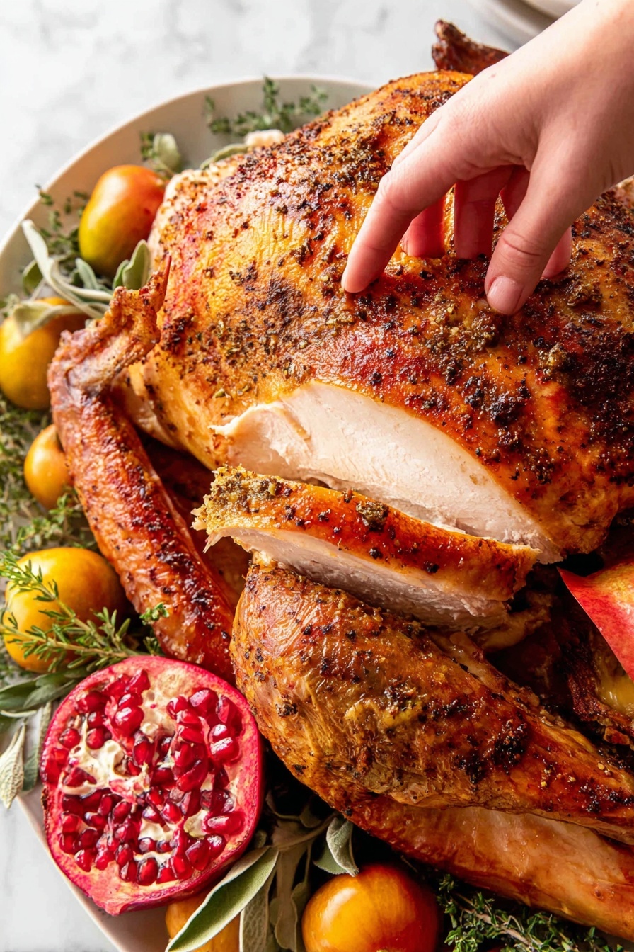 A roasted turkey is placed on a white platter on a white marbled surface, surrounded by green herbs and bright yellow cherry tomatoes. The turkey has a golden brown, crispy skin with black pepper specks visible. A woman's hand is gently lifting one thick, white slice of turkey breast from the bird, showing the moist, smooth interior. Around the turkey, there is a red pear and a split pomegranate showing its deep red seeds. The setting is bright and detailed, highlighting the textures and colors of the food. Photo taken with an iphone --ar 2:3 --v 7 - Bacon Roasted Thanksgiving Turkey, Thanksgiving turkey recipe, bacon-wrapped turkey, holiday turkey ideas, festive turkey recipes