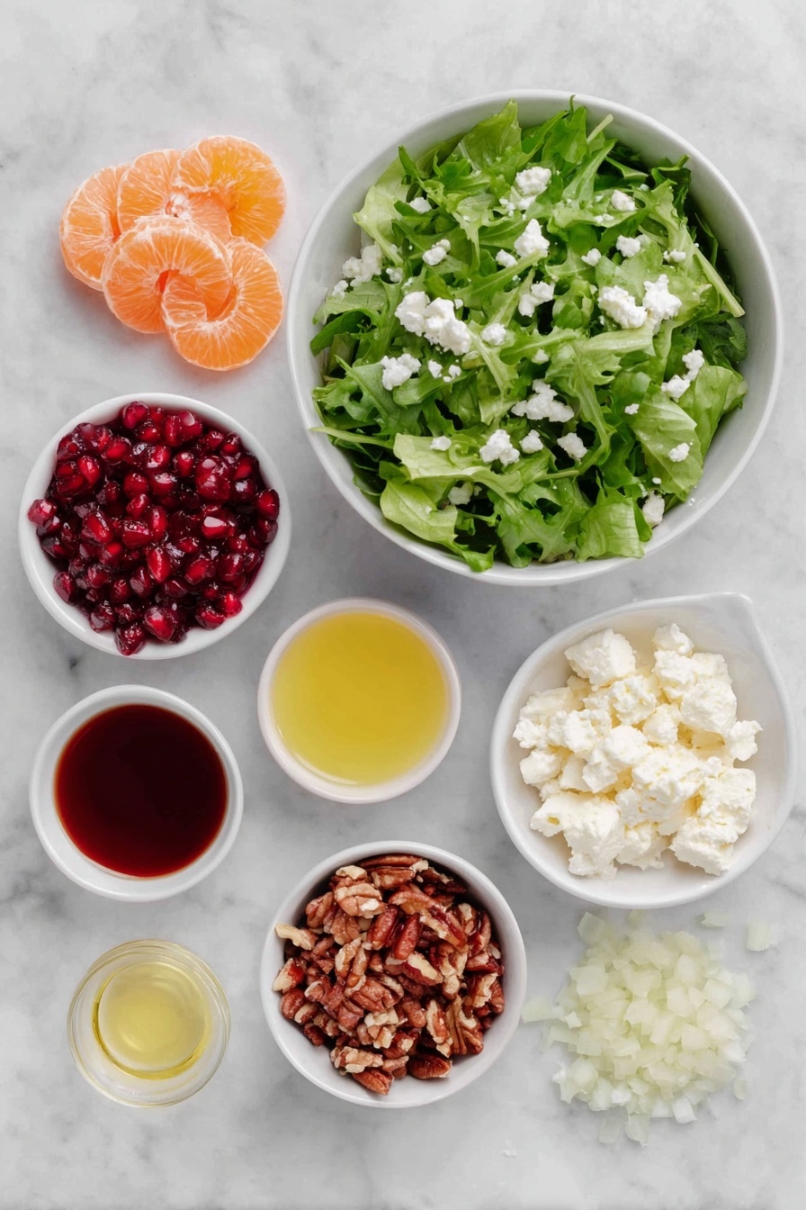 Flat lay of a large simple white ceramic bowl filled with fresh mixed spring greens, a small pile of bright orange segments (mandarin or clementine), a small white ceramic bowl of ruby red pomegranate seeds, a small mound of crumbled white feta cheese, a small heap of roughly chopped candied pecans, alongside four small white ceramic bowls containing golden olive oil, amber honey, smooth yellow Dijon mustard, and clear apple cider vinegar, plus finely minced pale shallot placed delicately on the side, all arranged in perfect symmetry on a clean white marble surface, soft natural light, photo taken with an iPhone, professional food photography style, fresh ingredients, white ceramic bowls, no bottles, no duplicates, no utensils, no packaging --ar 2:3 --v 7 --p m7354615311229779997 - Festive Citrus Pomegranate Salad, holiday citrus salad, easy holiday salad, fresh fruit holiday side dish, colorful holiday salad
