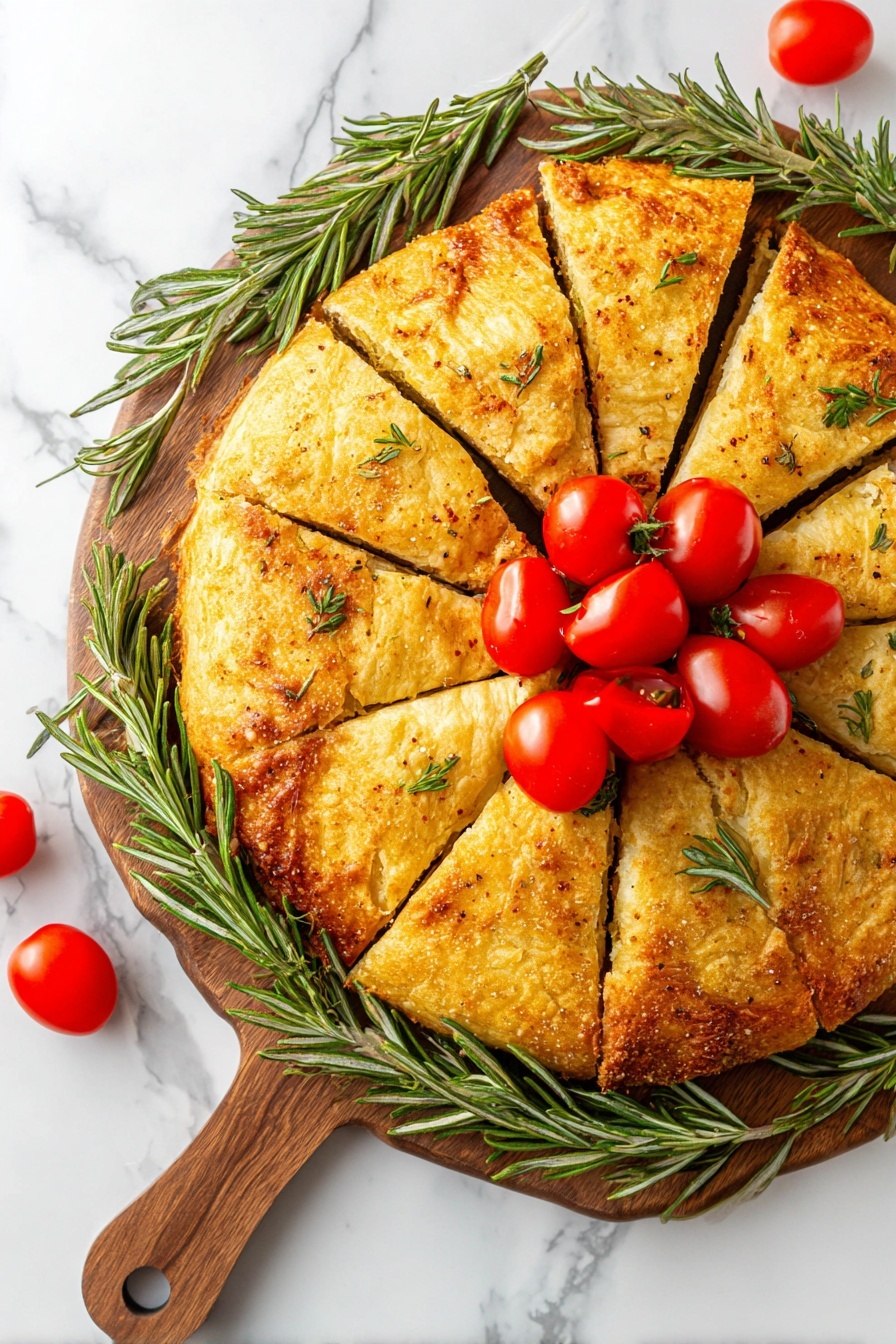 A golden-brown round pastry is cut into twelve triangular slices, arranged in a circle on a wooden board. The pastry has a slightly crispy texture with a hint of seasoning on top. Fresh green rosemary sprigs are placed around the edge of the board along with bright red cherry tomatoes, both on the board and resting on the pastry. More cherry tomatoes are grouped in the center of the pastry, creating a bright contrast with the golden crust. The whole setting rests on a white marbled surface. photo taken with an iphone --ar 2:3 --v 7 - Cheesy Pesto Wreath, basil pesto appetizer, easy holiday appetizer, cheesy crescent wreath, festive cheese appetizer