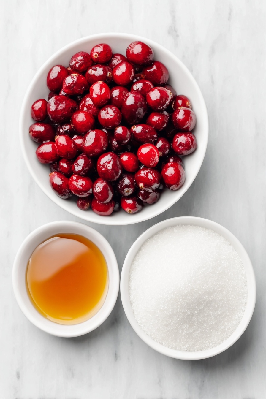 Flat lay of a small white ceramic bowl filled with glossy pure maple syrup, a medium white ceramic bowl of vibrant fresh red cranberries, a larger white ceramic bowl heaped with fine white granulated sugar, arranged with perfect symmetry and balanced proportions, all ingredients looking fresh and natural, placed on a clean white marble surface, soft natural light, photo taken with an iPhone, professional food photography style, fresh ingredients, white ceramic bowls, no bottles, no duplicates, no utensils, no packaging --ar 2:3 --v 7 --p m7354615311229779997 - Sparkling Cranberries, Cranberry party snack, Festive holiday cranberries, Easy sparkling cranberry garnish, Holiday cranberry treats