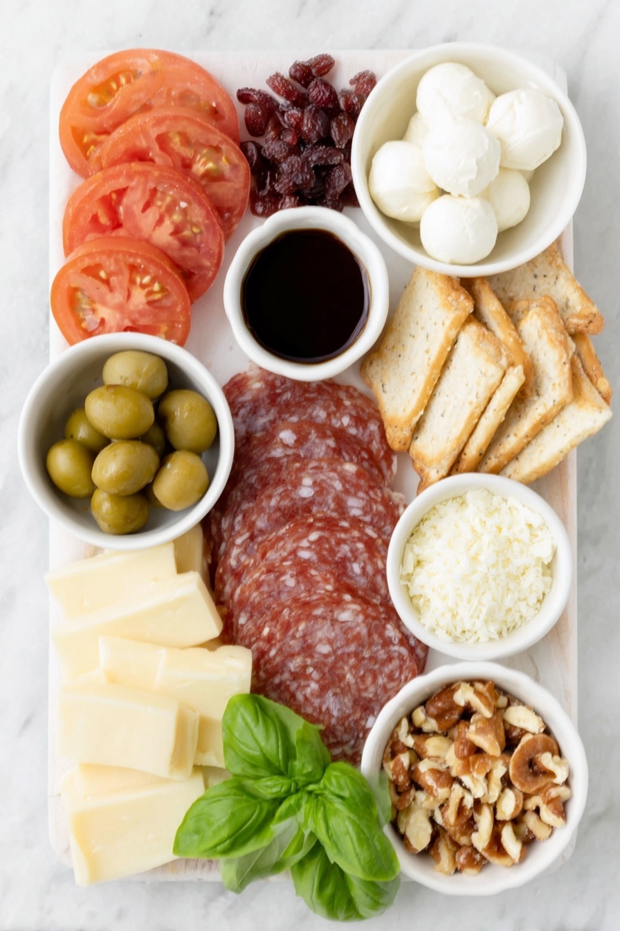 Flat lay of fresh tomato slices arranged in neat rounds, two fresh mozzarella balls sliced and fanned out, a small white bowl of extra virgin olive oil, a small white bowl of dark balsamic reduction, small pile of flaky sea salt crystals, assorted cheese cubes including cheddar and Manchego, thinly sliced cured salami pieces, a stack of assorted crackers and bruschetta toasts, a handful of small pretzel sticks, green olives in a small white bowl, dried apricots and figs, sliced half English cucumber, a small pile of mixed nuts, fresh basil leaves scattered artistically, a small mound of red pomegranate seeds, and a small white bowl holding chocolate Christmas candies placed on a clean white marble surface, soft natural light, photo taken with an iPhone, professional food photography style, fresh ingredients, white ceramic bowls, no bottles, no duplicates, no utensils, no packaging --ar 2:3 --v 7 --p m7354615311229779997 - Christmas Charcuterie Board, festive holiday charcuterie board, holiday party appetizer, Christmas appetizer ideas, easy holiday snack