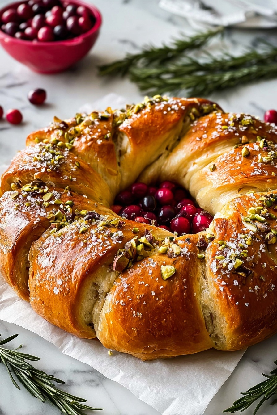 A golden-brown wreath-shaped bread with a shiny, smooth texture, topped with coarse salt, chopped pistachios, and rosemary leaves evenly spread over the surface. The bread is divided into large, soft segments by deep cuts that show a fluffy inside. Around the bread's center, there are red cranberries and green rosemary sprigs placed on white parchment paper. The whole setup sits on a white marbled surface with more rosemary sprigs and a blurred red bowl of cranberries in the background. photo taken with an iphone --ar 2:3 --v 7 - Cranberry Brie Crescent Wreath, festive appetizer recipes, holiday party appetizers, easy cheese appetizer, cranberry brie puff pastry