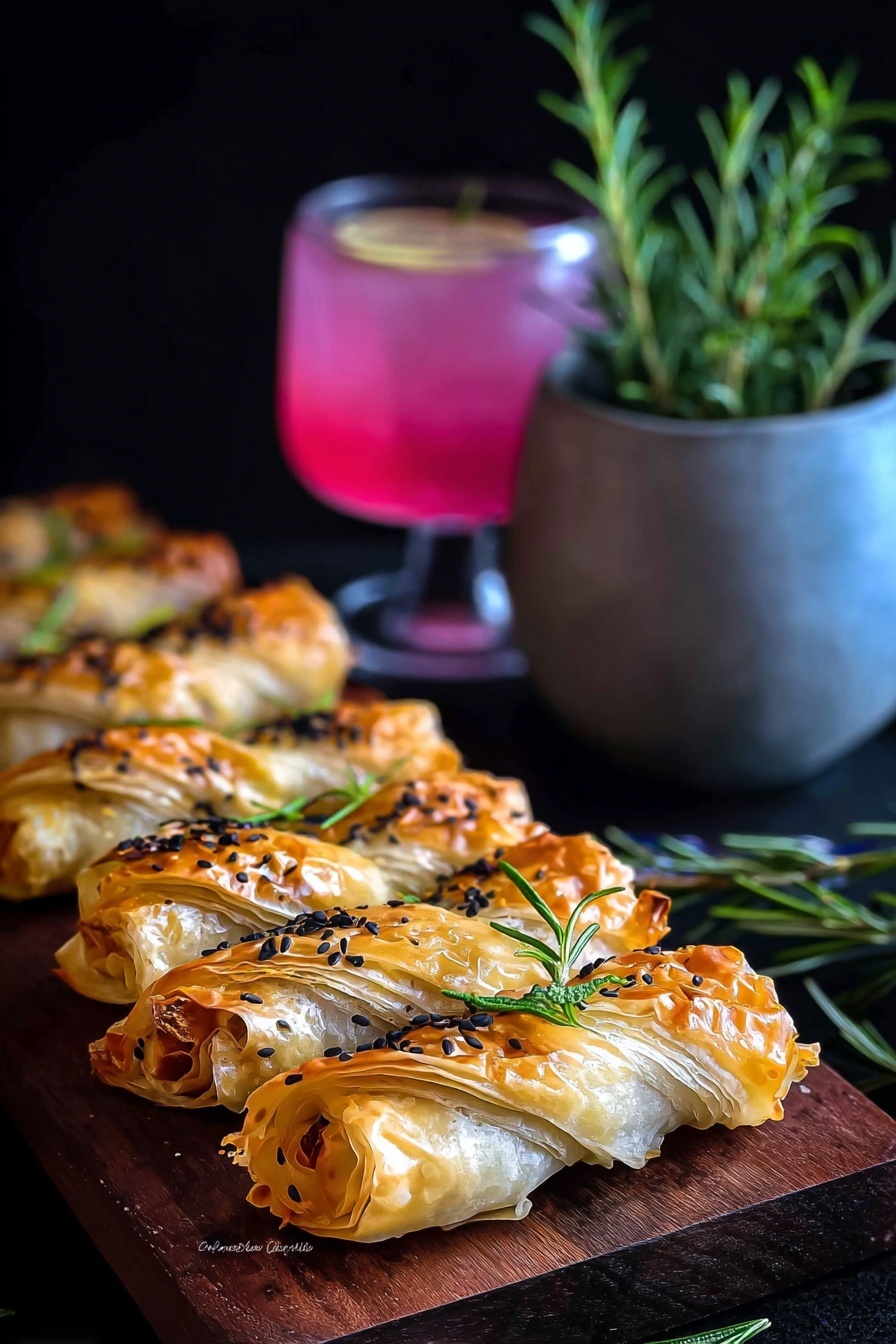 The image shows a row of six wrapped, golden-brown pastries, each twisted at both ends like small candies, placed on a dark wooden board. The pastry surface is slightly shiny with some crispy, flaky textures, sprinkled with black sesame seeds and small green rosemary leaves for garnish. In the background, a bright pink drink with a sprig of rosemary sits inside a clear glass, and next to it is a gray pot holding fresh rosemary sprigs. The entire scene is set against a dark background that highlights the warm colors of the food. photo taken with an iphone --ar 2:3 --v 7 - Cranberry Brie Filo Crackers, holiday appetizer ideas, easy festive appetizers, cranberry brie bites, crowd-pleasing holiday snacks