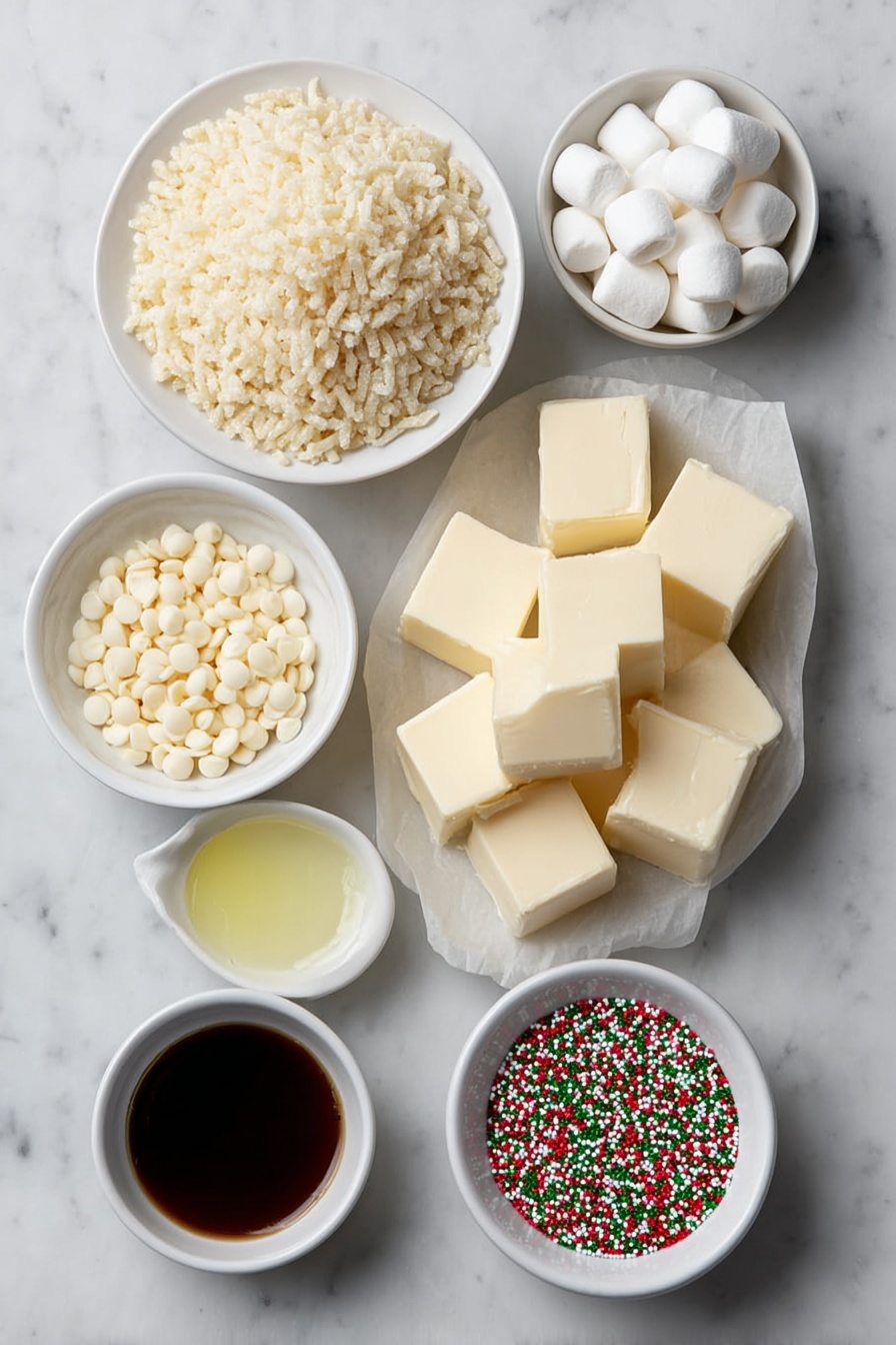Flat lay of a small mound of puffed rice cereal, a handful of white mini marshmallows, a few cubes of unsalted butter, a small white bowl filled with vanilla extract, a small white bowl with white chocolate chips, a small white bowl of clear coconut oil, and a simple white ceramic dish holding red, green, and white nonpareil sprinkles, all arranged symmetrically on a clean white marble surface, soft natural light, photo taken with an iPhone, professional food photography style, fresh ingredients, white ceramic bowls, no bottles, no duplicates, no utensils, no packaging --ar 2:3 --v 7 --p m7354615311229779997 - Festive White Chocolate Rice Krispies Balls, holiday dessert, white chocolate treats, easy holiday snacks, Christmas party sweets