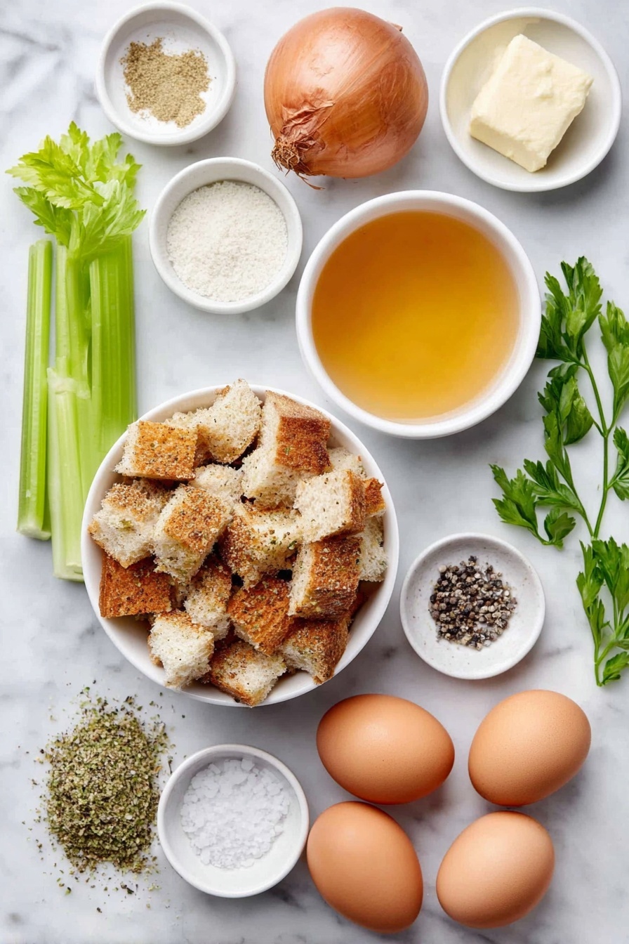 Flat lay of a small white ceramic bowl of dry seasoned bread cubes, a medium whole uncracked brown onion, two bright green celery ribs, a small white ceramic bowl with a portion of unsalted butter, two whole uncracked brown eggs with clean shells, a small white ceramic bowl of golden chicken broth, a little heap of dried poultry seasoning herbs, a small white ceramic bowl of fine garlic powder, a small white ceramic bowl of salt crystals, a small white ceramic bowl of black pepper, and a few sprigs of fresh green parsley placed neatly on a clean white marble surface, soft natural light, photo taken with an iPhone, professional food photography style, fresh ingredients, white ceramic bowls, no bottles, no duplicates, no utensils, no packaging --ar 2:3 --v 7 --p m7354615311229779997 - Stuffing Balls Thanksgiving, Thanksgiving stuffing appetizer, holiday stuffing bites, herb stuffing balls, easy stuffing recipes