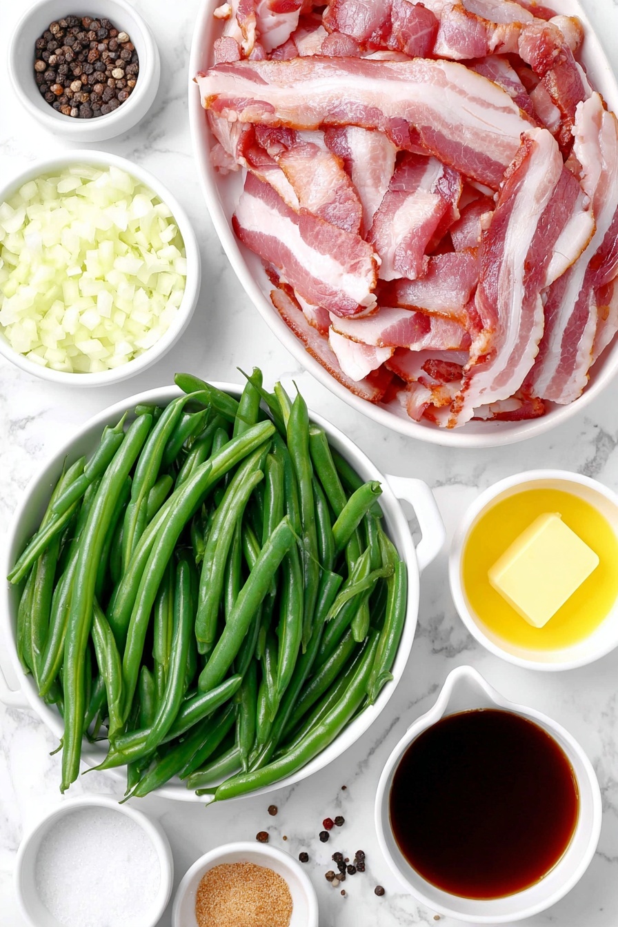 Flat lay of chopped crispy bacon slices, diced yellow onion in a small white bowl, a small white bowl of minced garlic, fresh green beans trimmed and cut into 1-inch pieces spread neatly, a small white bowl filled with golden butter, a small white bowl of dark brown Worcestershire sauce, a small white bowl with light brown granulated brown sugar, a small white bowl with clear vegetable broth, scattered salt crystals and whole black peppercorns, placed on a clean white marble surface, soft natural light, photo taken with an iPhone, professional food photography style, fresh ingredients, white ceramic bowls, no bottles, no duplicates, no utensils, no packaging --ar 2:3 --v 7 --p m7354615311229779997 - Crock Pot Green Beans with Bacon, slow cooker green beans, bacon green bean side dish, easy green beans recipe, savory green beans with bacon