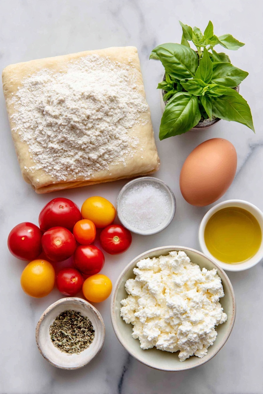 Flat lay of a fresh sheet of golden puff pastry, one whole uncracked brown egg, a small mound of creamy whole milk ricotta cheese on a simple white ceramic plate, a small white bowl filled with finely grated Parmigiano-Reggiano, a handful of bright green fresh basil leaves, a small white bowl of flaky sea salt crystals, a small white bowl of freshly ground black pepper, a few sprigs of dried oregano, a few sprigs of garlic powder in a small white bowl, a cluster of vibrant halved mini heirloom tomatoes in red, yellow, and orange hues, and a small white bowl of golden olive oil, all arranged in perfect symmetry on a clean white marble surface, soft natural light, photo taken with an iPhone, professional food photography style, fresh ingredients, white ceramic bowls, no bottles, no duplicates, no utensils, no packaging --ar 2:3 --v 7 --p m7354615311229779997 - Tomato Ricotta Puff Pastry Tartlets, easy appetizer recipes, savory puff pastry snacks, roasted tomato tartlets, crowd-pleasing finger foods