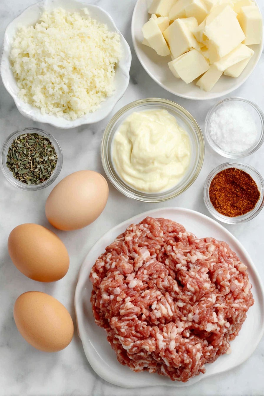 Flat lay of fresh raw ground chicken in a mound, finely chopped smoked ham scattered beside it, two whole brown eggs with clean shells, small white ceramic bowls each containing garlic powder, onion powder, smoked paprika, dried thyme, salt, and freshly ground black pepper, a small white ceramic bowl filled with creamy Dijon mustard, a neat pile of golden Panko bread crumbs on a white ceramic plate, Swiss cheese cut into perfect half-inch cubes arranged neatly on a white ceramic dish, all ingredients arranged symmetrically with balanced proportions, placed on a clean white marble surface, soft natural light, photo taken with an iPhone, professional food photography style, fresh ingredients, white ceramic bowls, no bottles, no duplicates, no utensils, no packaging --ar 2:3 --v 7 --p m7354615311229779997 - Cheese-Stuffed Chicken Cordon Bleu Bites, Chicken Cordon Bleu appetizer, cheesy chicken bites, chicken finger food recipes, party appetizer ideas