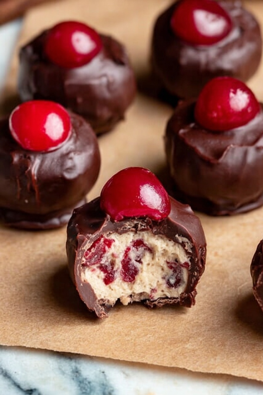 The image shows several small round treats on a brown paper surface with a white marbled background. Each treat has three layers: the outer layer is dark, shiny chocolate with a slightly bumpy texture. Inside, the middle layer is creamy and light-colored with visible tiny red bits, suggesting a soft filling. The top layer is a bright red cherry sitting on each chocolate ball. One treat in front is bitten into, exposing the creamy middle and cherry pieces inside. Photo taken with an iphone --ar 2:3 --v 7 - Cherry Bourbon Balls, Bourbon Balls with Cherries, No-Bake Cherry Bourbon candies, Holiday Cherry Bourbon treats, Easy Cherry Bourbon Desserts
