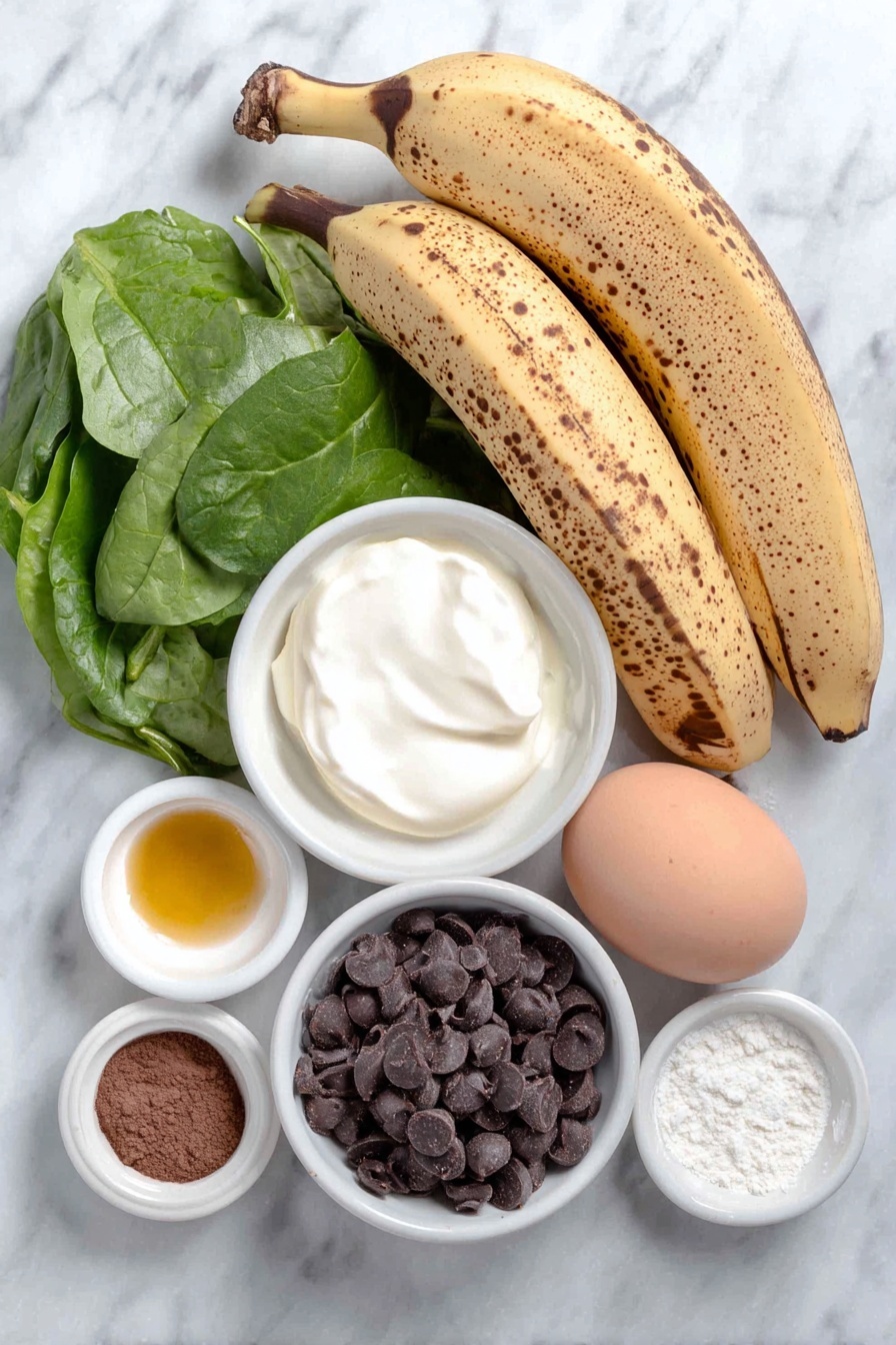 Flat lay of three very ripe bananas with smooth brown spots, two large handfuls of fresh vibrant green baby spinach leaves, a single whole uncracked brown egg, a small white ceramic bowl of creamy white full-fat Greek yogurt, a small white ceramic bowl of amber-colored oil, a small white ceramic bowl of light brown granulated sugar, a small white ceramic bowl of fine white whole wheat flour, a small white ceramic bowl of dark brown cocoa powder, a small white ceramic bowl of smooth pale beige vanilla extract, a small white ceramic bowl of fine sea salt crystals, and a small white ceramic bowl of shiny semi-sweet dark chocolate chips placed on a clean white marble surface, soft natural light, photo taken with an iPhone, professional food photography style, fresh ingredients, white ceramic bowls, no bottles, no duplicates, no utensils, no packaging --ar 2:3 --v 7 --p m7354615311229779997 - Healthy Chocolate Spinach Muffins, healthy muffins with spinach, easy chocolate spinach muffins, nutritious breakfast muffins, fudgy green muffins