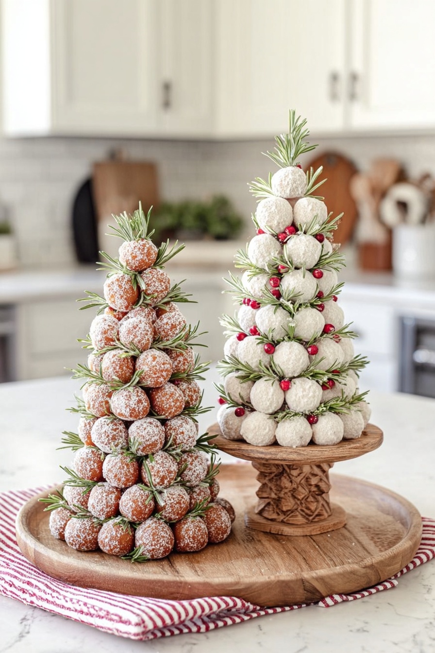 The image shows two cone-shaped towers made of small round balls stacked in neat layers on a round wooden tray with a red-striped cloth on the side. The left tower is made of brown doughnut balls dusted with white powder and decorated with green sprigs of rosemary evenly spaced throughout the layers. The right tower consists of white powdered balls arranged in similar layers with small red berries and sprigs of rosemary tucked between the layers, all standing on a carved wooden pedestal on the tray. The scene is set on a white marbled counter with a blurred kitchen background. photo taken with an iphone --ar 2:3 --v 7 - Christmas Donut Tree, festive dessert centerpiece, holiday donut display, easy Christmas treat, decorative holiday dessert