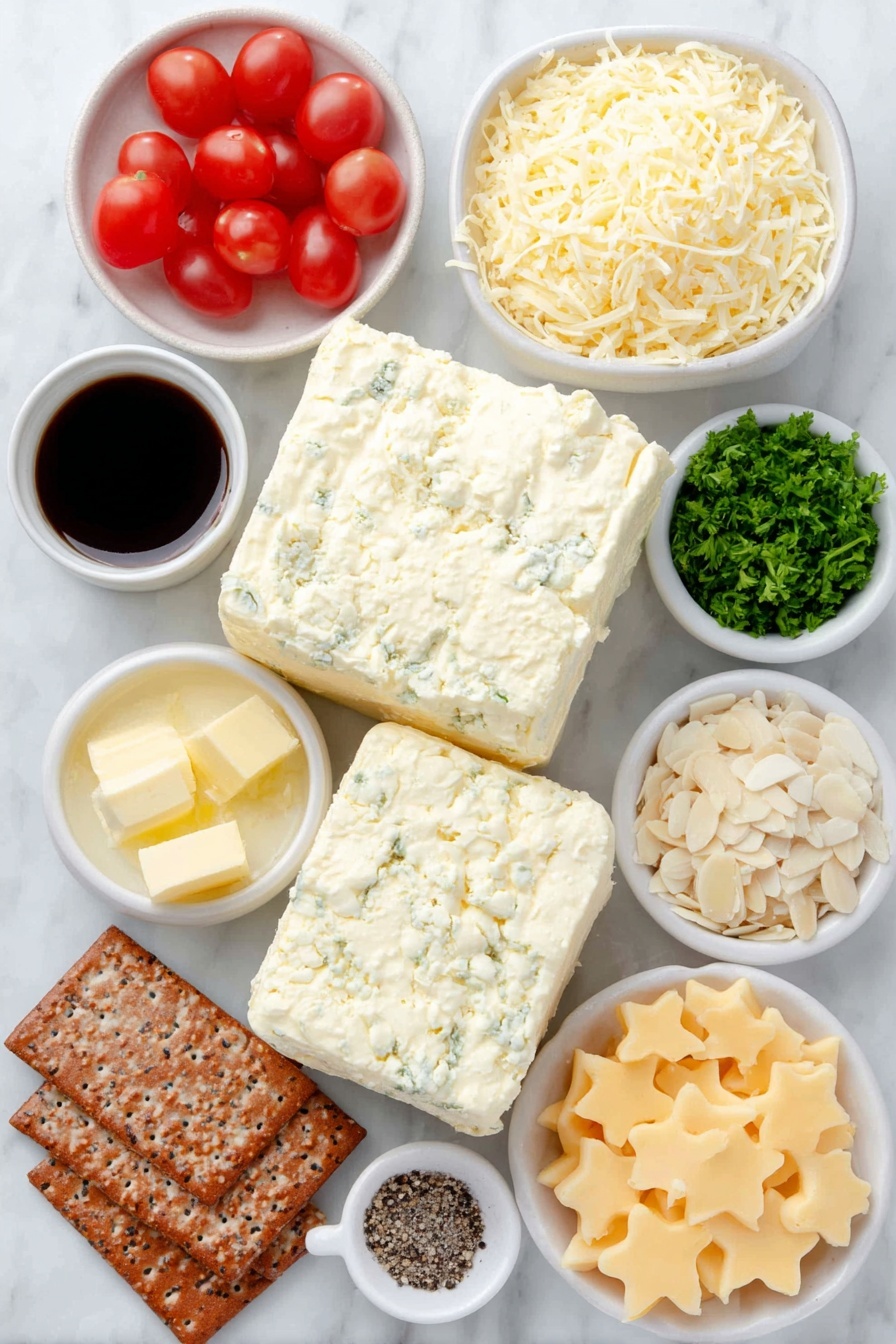 Flat lay of two blocks of soft cream cheese, a small mound of finely shredded bright orange cheddar cheese, a few chopped green onions, a small white bowl of diced red pimientos, a small white bowl with melted golden butter, a small white bowl of Worcestershire sauce, a small white bowl containing pale garlic powder, a small white bowl of coarse kosher salt, a small white bowl of ground black pepper, a dozen halved shiny red cherry tomatoes, a small pile of finely chopped fresh green parsley, a small pile of thinly sliced almonds, a bright yellow pepper cut into star-shaped pieces, assorted crackers and pretzels arranged neatly, all placed on a clean white marble surface, soft natural light, photo taken with an iPhone, professional food photography style, fresh ingredients, white ceramic bowls, no bottles, no duplicates, no utensils, no packaging --ar 2:3 --v 7 --p m7354615311229779997 - Christmas Tree Cheeseball, festive cheeseball idea, holiday appetizer recipes, easy holiday cheese ball, Christmas party finger foods