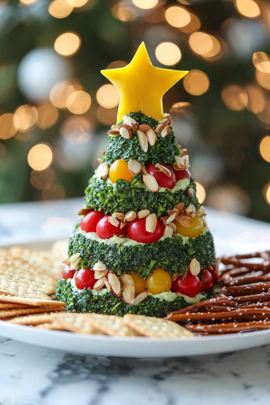 The dish shows a Christmas tree-shaped food sculpture with three main visible layers covered in chopped green herbs. The base layers are decorated with thin slices of light brown almonds arranged like garlands, with bright red cherry tomatoes and small yellow diced pieces like bell peppers placed all over the tree. The top of the tree is finished with a large, star-shaped yellow piece. The tree sits on a white plate with round crackers and dark brown pretzel sticks placed around its base, all on a white marbled surface with warm blurred lights in the background. Photo taken with an iphone --ar 2:3 --v 7 - Christmas Tree Cheeseball, festive cheeseball idea, holiday appetizer recipes, easy holiday cheese ball, Christmas party finger foods