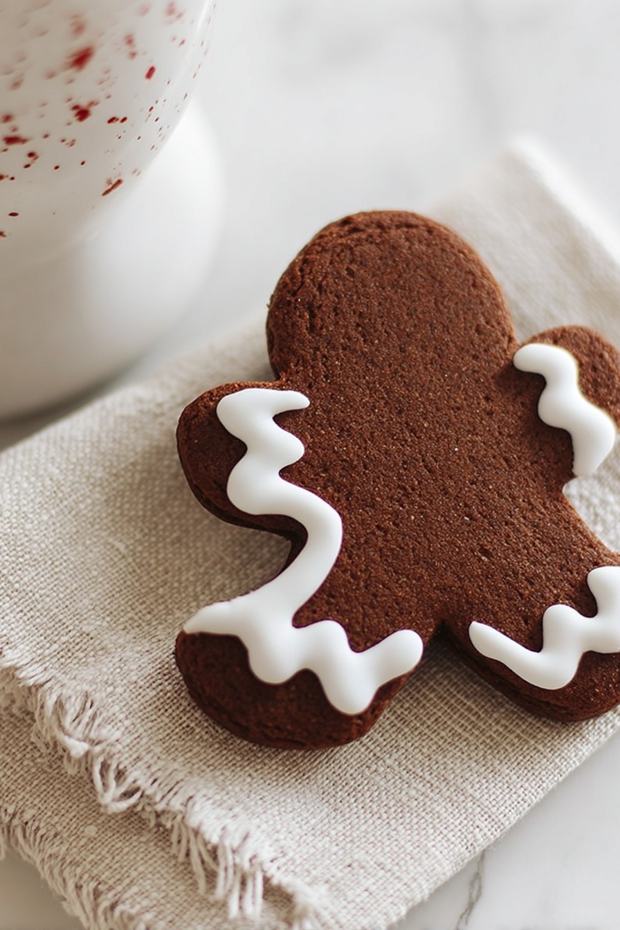 The image shows a single gingerbread cookie shaped like a gingerbread person with one bite taken out of the head. The cookie is a dark brown color and decorated with a simple thick white icing outline that follows the shape of the cookie's edges. It is placed on a beige textured cloth, which lies on a white marbled surface. Part of a white cup with small red speckles can be seen behind the cookie. The overall setting is bright and softly lit. photo taken with an iphone --ar 2:3 --v 7 - Chocolate Gingerbread Cookies, gingerbread chocolate cookies, festive gingerbread cookies, holiday cookie recipes, easy gingerbread cookies