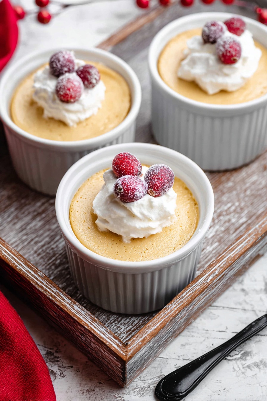 Three white ramekins sit inside a rustic wooden tray on a white marbled surface. Each ramekin holds one layer of smooth, light orange creamy pudding filling the dishes to the top. On top of each pudding layer is a small dollop of white whipped cream, crowned with two frosted red cranberries. The tray's wood shows soft gray and white tones with a worn texture. In the foreground, a black spoon handle rests next to the tray, and a red cloth peeks in from the side. Photo taken with an iphone --ar 2:3 --v 7 - Eggnog Pudding, Eggnog Pudding with Nutmeg and Cranberries, Holiday Eggnog Dessert, Festive Cranberry Pudding, Creamy Eggnog Holiday Treats