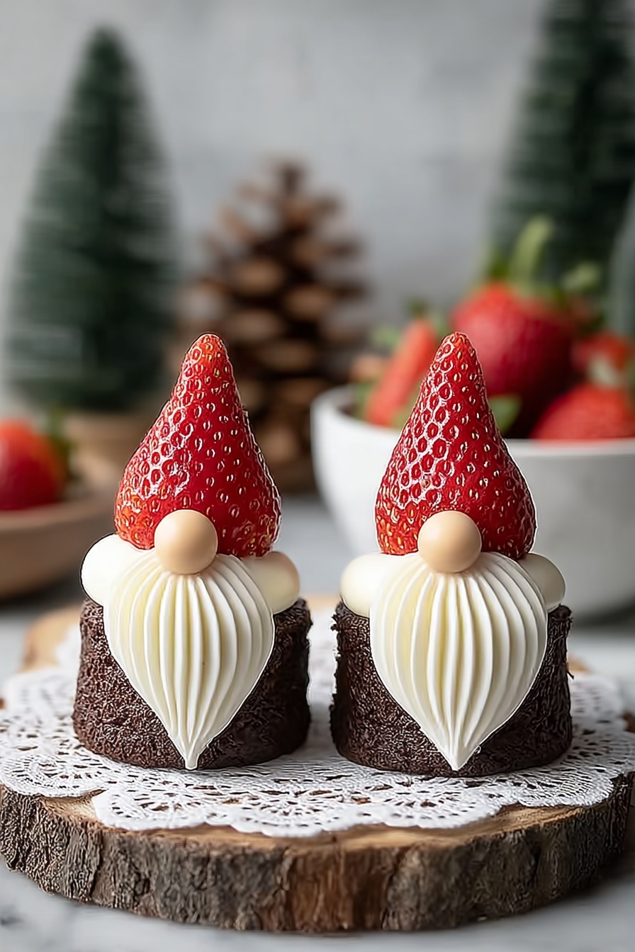 A white plate holds six small chocolate cupcakes, each decorated to look like little gnomes. Each cupcake has a dark brown base, topped with a smooth white cream layer. On top of the cream sits a fresh red strawberry shaped like a pointed hat. Below the strawberry, a small light brown round candy is placed in front, with white cream piped down below it to look like a long beard. The scene is set on a white marbled surface with blurred pine cones and small green trees in the background. photo taken with an iphone --ar 2:3 --v 7 - Cute Brownie Bite Gnome Treats, easy gnome brownie treats, fun kids' holiday desserts, whimsical brownie gnome ideas, adorable party dessert recipes