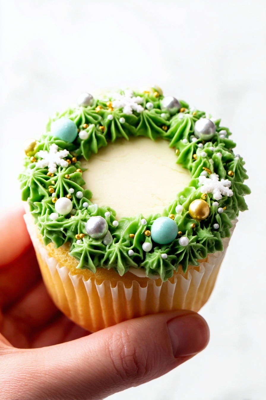 A single cupcake held by a woman's hand shows three main parts: the light golden cupcake base with ridged white paper wrapper at the bottom, a flat white cream layer on top covering the whole surface, and a decorative green frosting wreath around the edge. The green frosting is piped in star-shaped dollops, forming a circular border. This border is decorated with small round sprinkles in shiny gold, silver, light blue, and solid white, along with tiny white rod sprinkles and a few white star-shaped sprinkles. The background is plain white marbled texture. photo taken with an iphone --ar 2:3 --v 7 - Christmas Vanilla Cupcakes, festive vanilla cupcakes, holiday cupcake recipe, easy Christmas cupcakes, vanilla cupcake with frosting