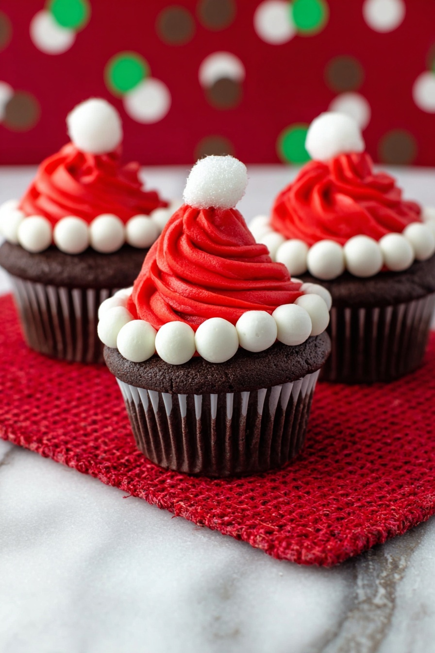 Three dark chocolate cupcakes sit on a bright red woven mat over a white marbled surface. Each cupcake has three layers of decoration; the base is the dark brown cupcake, topped with a swirl of bright red frosting shaped like a Santa hat, and a ring of white dollops around the base of the red frosting resembling the hat's trim. On top of each red swirl is a small white dollop mimicking a pom-pom. The background has soft out-of-focus red, green, and brown polka dots. photo taken with an iphone --ar 2:3 --v 7 - Santa Hat Cupcakes, holiday cupcake ideas, festive cupcake decorating, easy Christmas desserts, cute holiday treats