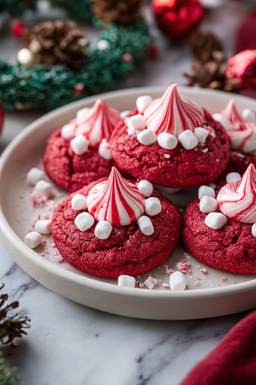 The image shows a group of red cookies with a soft texture, stacked closely on a white plate. Each cookie has one large white swirl-shaped peppermint candy with red stripes standing in the center. Around the peppermint swirl, there are small white marshmallows and crushed red and white peppermint pieces scattered on the top surface of the cookies. The plate is placed on a white marbled surface, adding a clean and bright background to the red and white color contrast of the cookies. photo taken with an iphone --ar 2:3 --v 7 - Red Velvet Peppermint Cookies, festive holiday cookies, peppermint red velvet cookies, Christmas cookie recipes, easy holiday treats