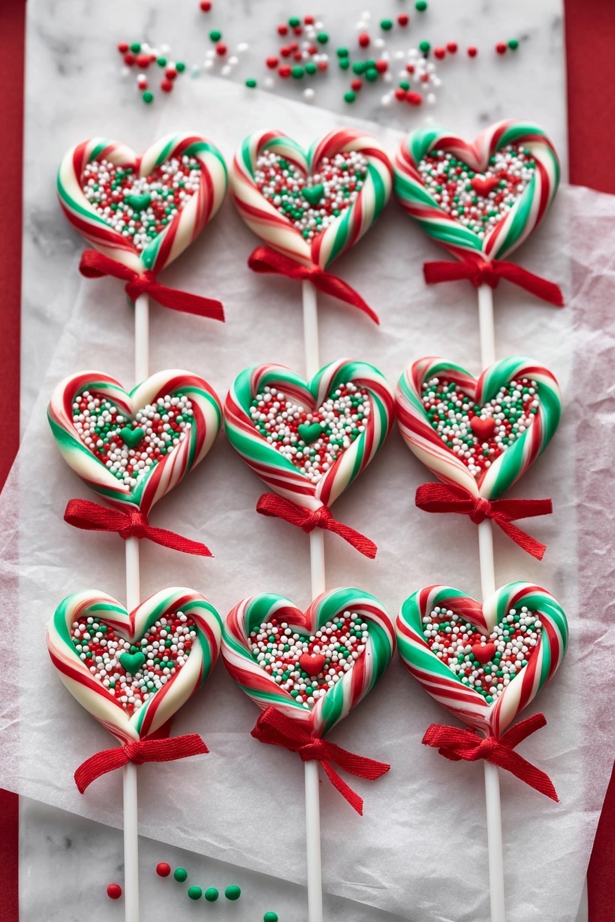 There are eight heart-shaped candy sticks laid out in two rows on a white tray covered with white parchment paper, all on a white marbled surface. Each candy stick has a red-and-white or green-and-white twisted candy forming the outer heart, with a small white heart in the center topped with red, green, and white round sprinkles. The candy sticks have white sticks at the bottom, each tied with a small red ribbon. Scattered red, green, and white sprinkles are spread around the tray on the marbled surface. photo taken with an iphone --ar 2:3 --v 7 - Christmas Candy Cane Heart Lollipops, festive holiday treats, peppermint candy lollipops, DIY Christmas candies, easy holiday dessert