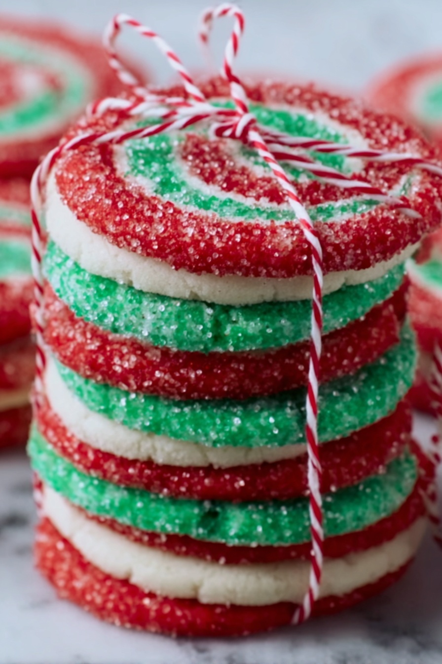 A close-up of a stack of thick, round cookies tied with a red and white string. Each cookie has alternating layers of red, white, and green sugar sprinkles, giving a festive look. The red layers are bright with a rough sugar texture, the white layers are smooth and lighter, and the green layers add a fresh contrast. The cookies are stacked on top of each other, showing the colorful striped pattern on their sides. The background is a white marbled texture. Photo taken with an iphone --ar 2:3 --v 7 - Christmas Pinwheel Cookies, festive holiday cookies, swirling colorful cookies, easy Christmas cookie recipes, buttery pinwheel cookies