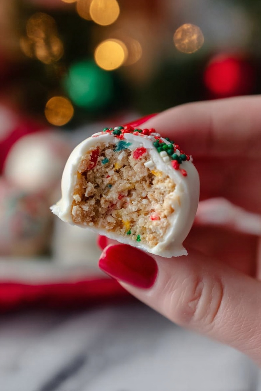 The image shows a white plate with speckles holding round white cookies decorated with thin red stripes and small green sprinkles. One cookie at the top right has a bite taken out, revealing a soft brown inside. The cookies are arranged closely together over the white marbled surface background. photo taken with an iphone --ar 2:3 --v 7 - Christmas Tree Cake Truffles without Baking, Christmas Tree Cake Truffles with Little Debbie, Holiday dessert ideas, festive chocolate truffles, easy Christmas treats